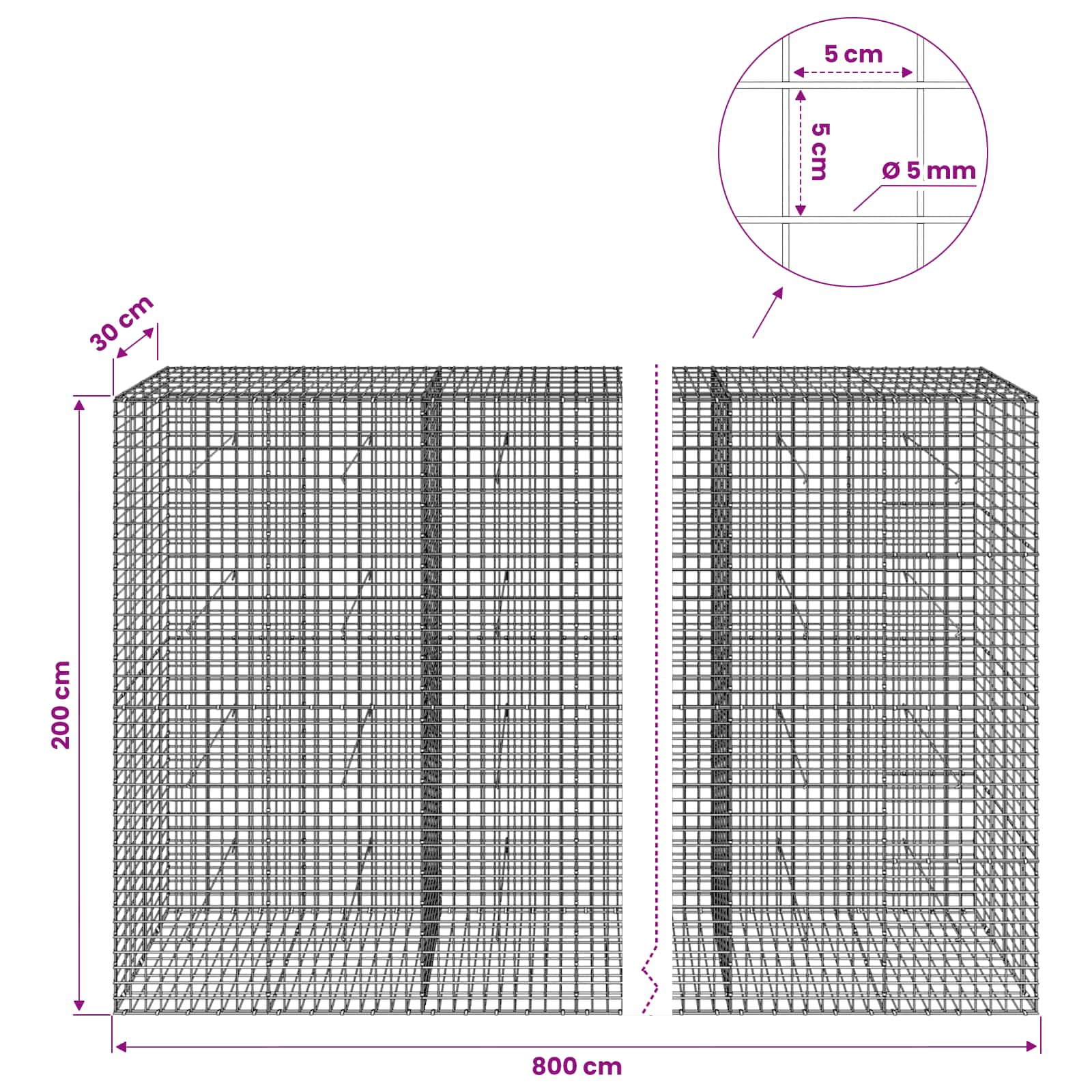 Gabion z žico 5 mm in mrežo 5x5 cm 800x30x200 cm