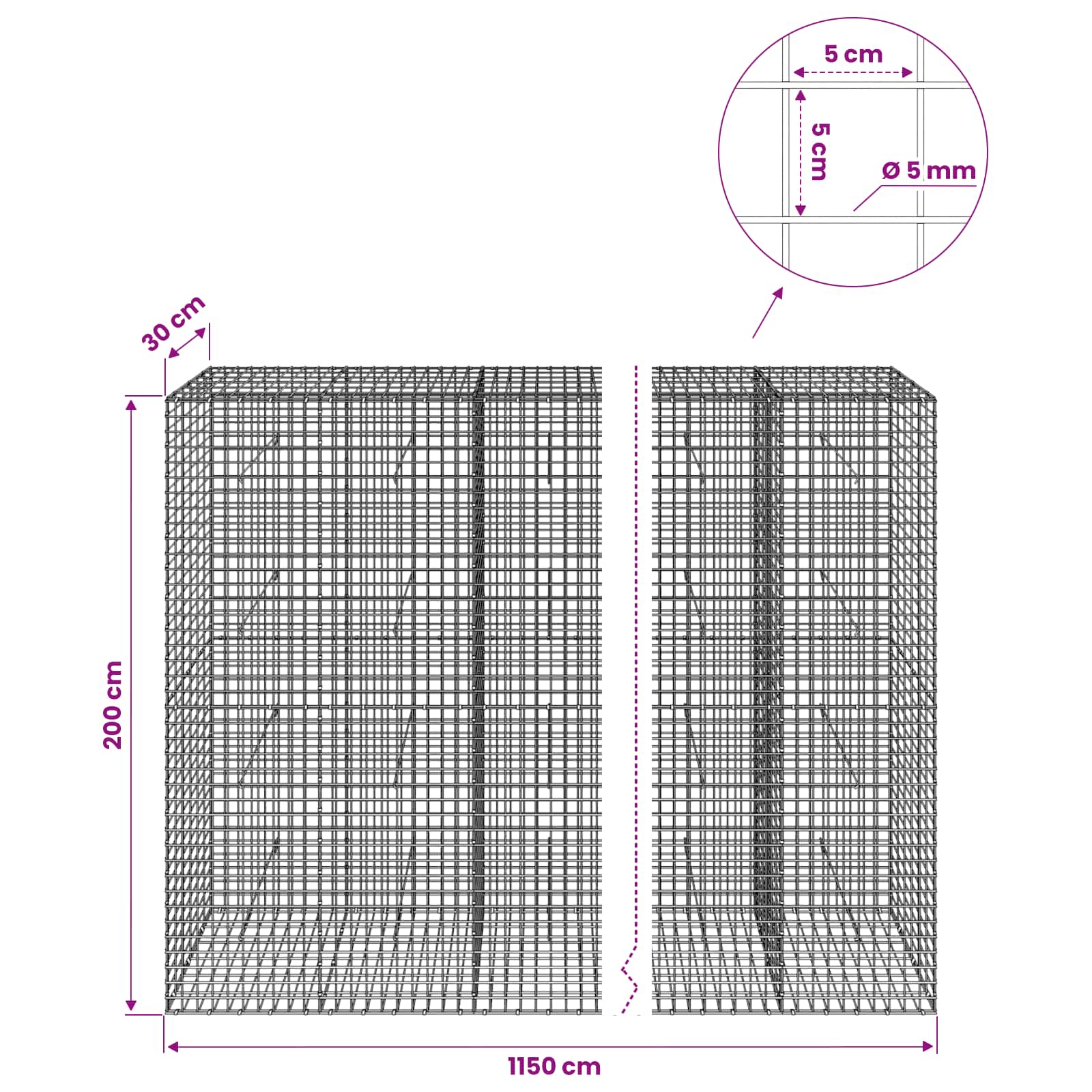 Gabion z žico 5 mm in mrežo 5x5 cm 1150x30x200 cm