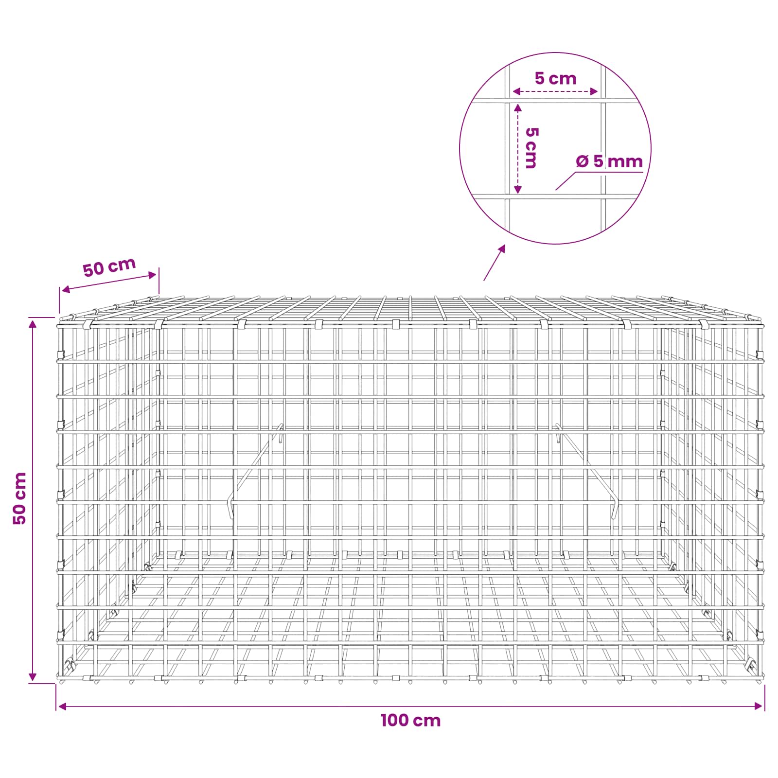 Gabion z žico 5 mm in mrežo 5x5 cm 100x50x50 cm Pocinkano jeklo