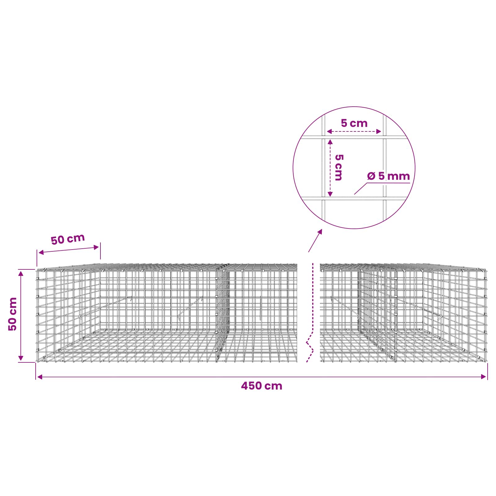 Gabion z žico 5 mm in mrežo 5x5 cm 450x50x50 cm Pocinkano jeklo