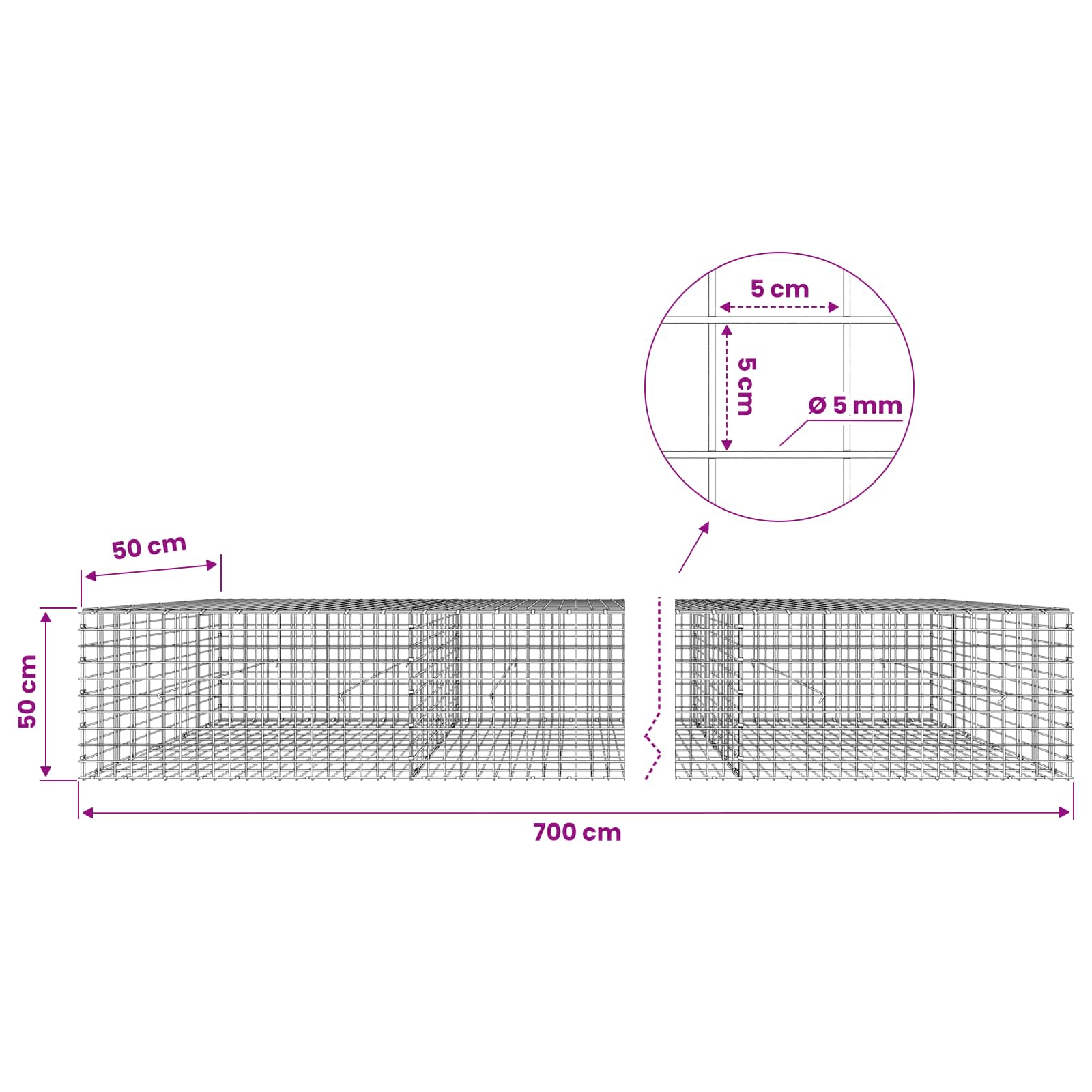 Gabion z žico 5 mm in mrežo 5x5 cm 700x50x50 cm Pocinkano jeklo