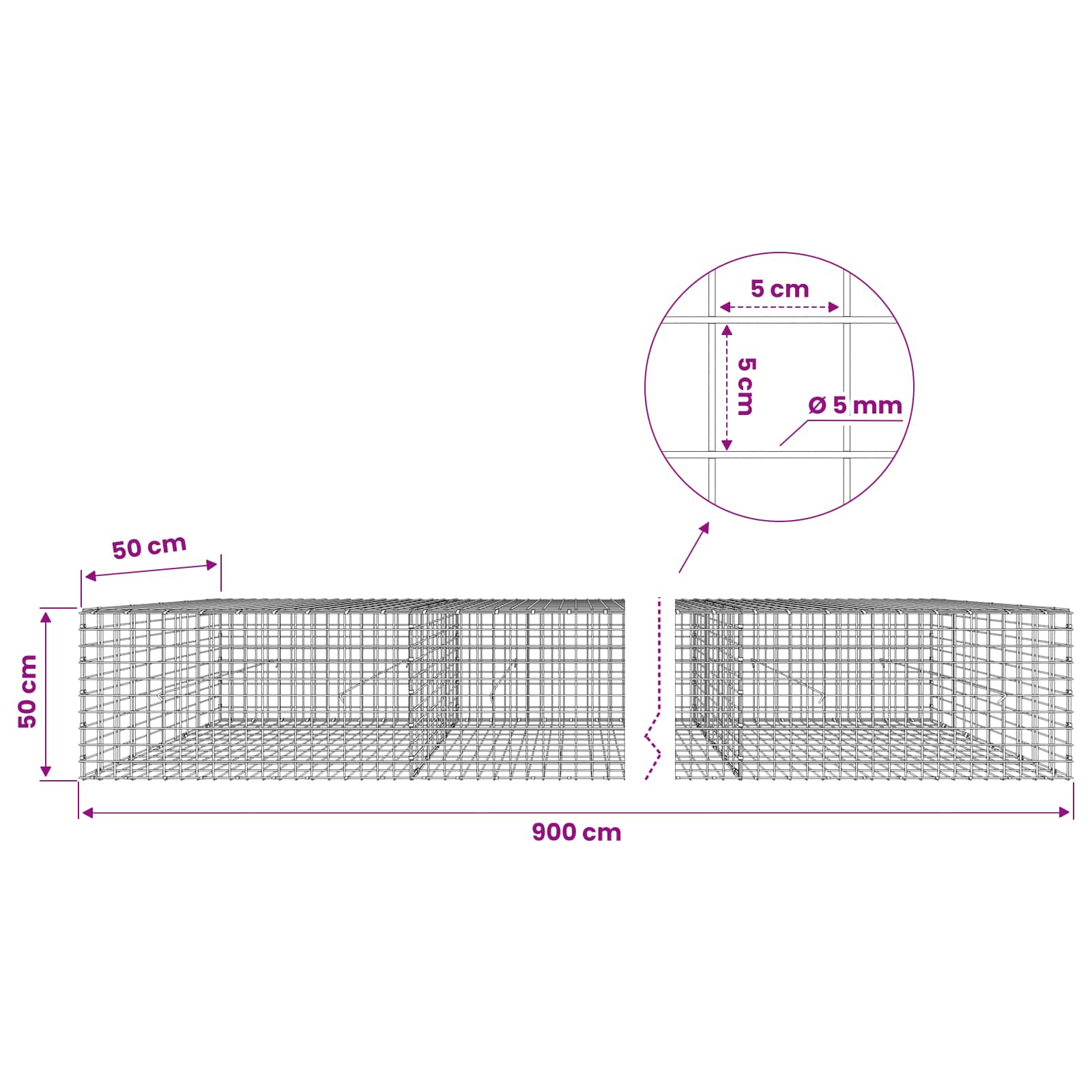 Gabion z žico 5 mm in mrežo 5x5 cm 900x50x50 cm Pocinkano jeklo