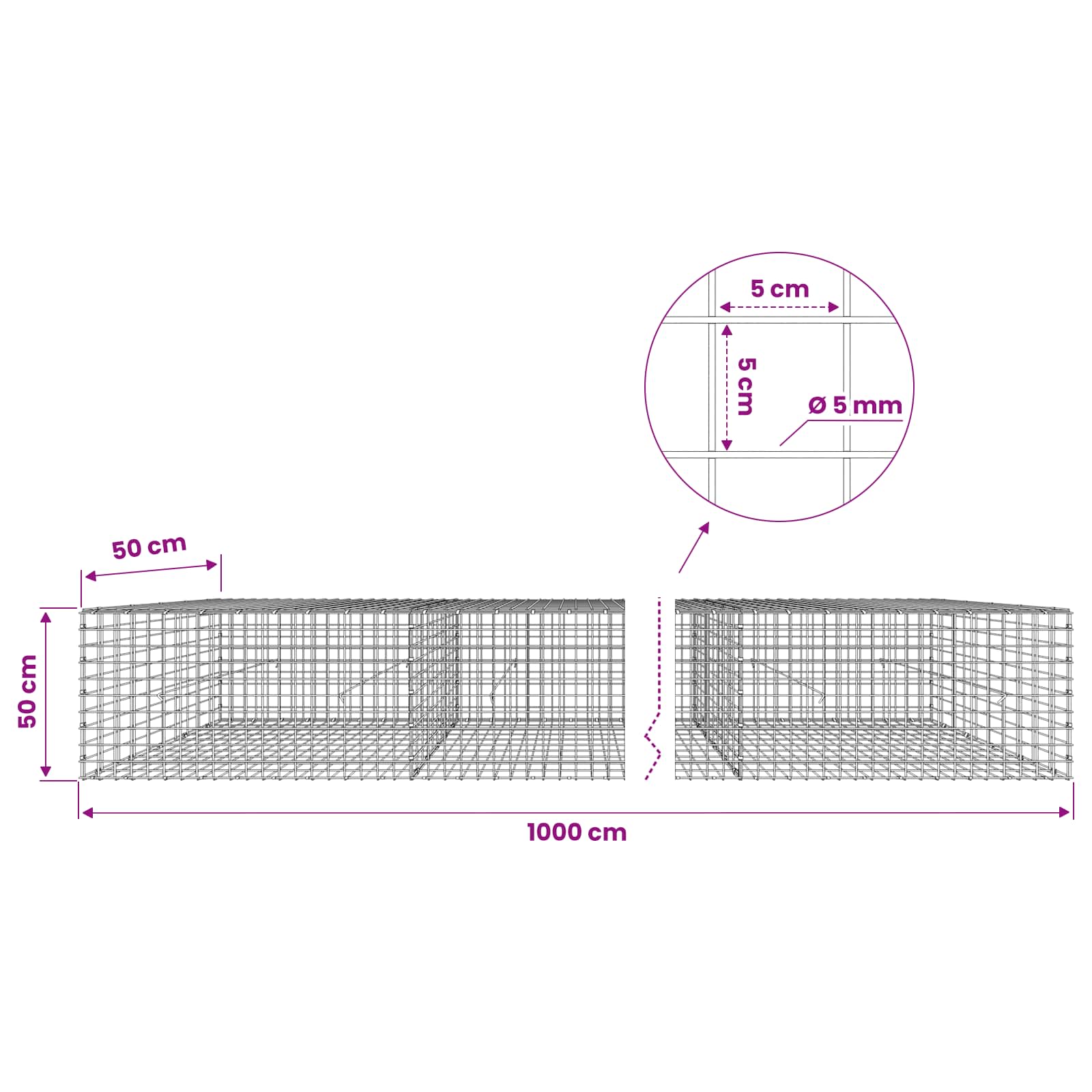 Gabion z žico 5 mm in mrežo 5x5 cm 1000x50x50 cm