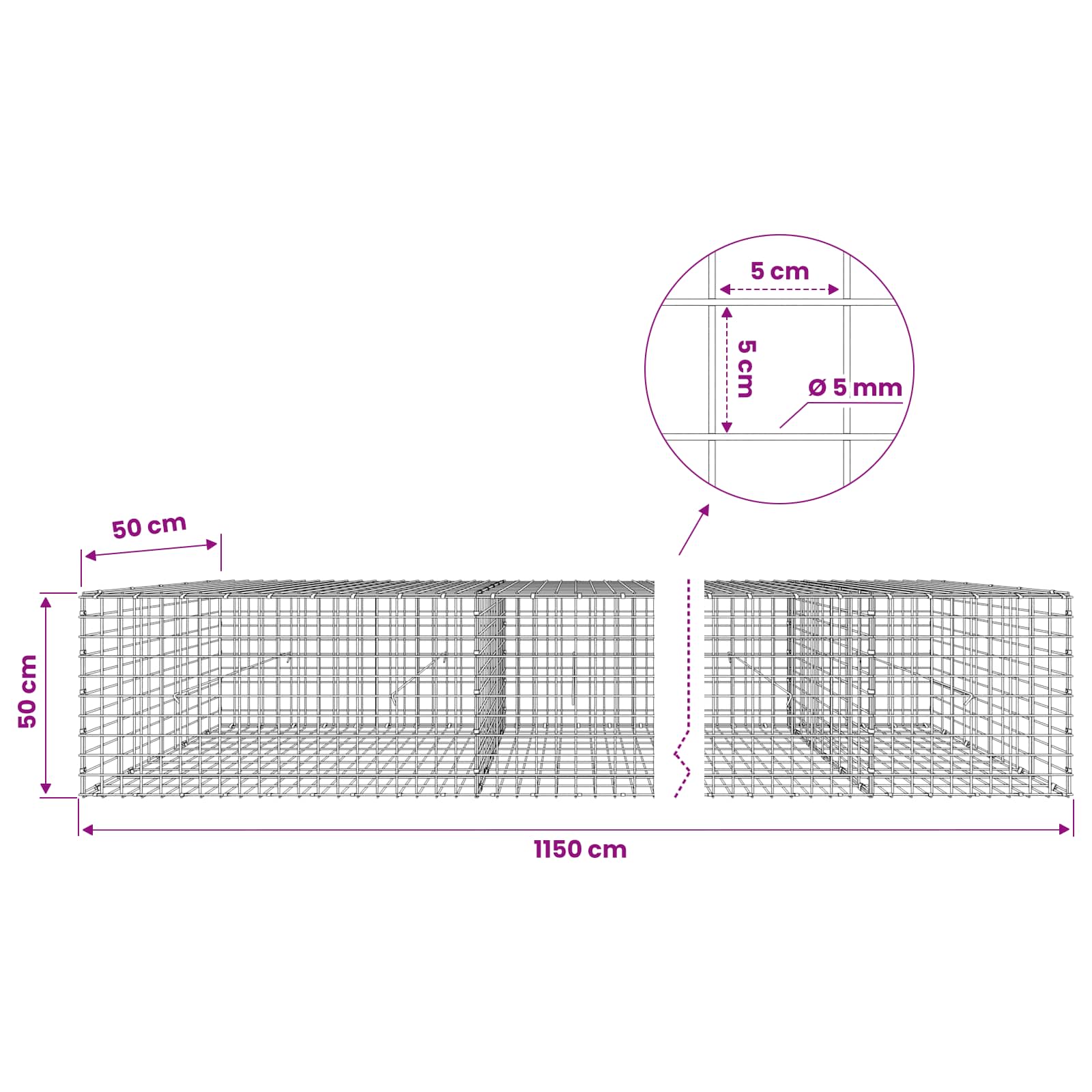 Gabion z žico 5 mm in mrežo 5x5 cm 1150x50x50 cm
