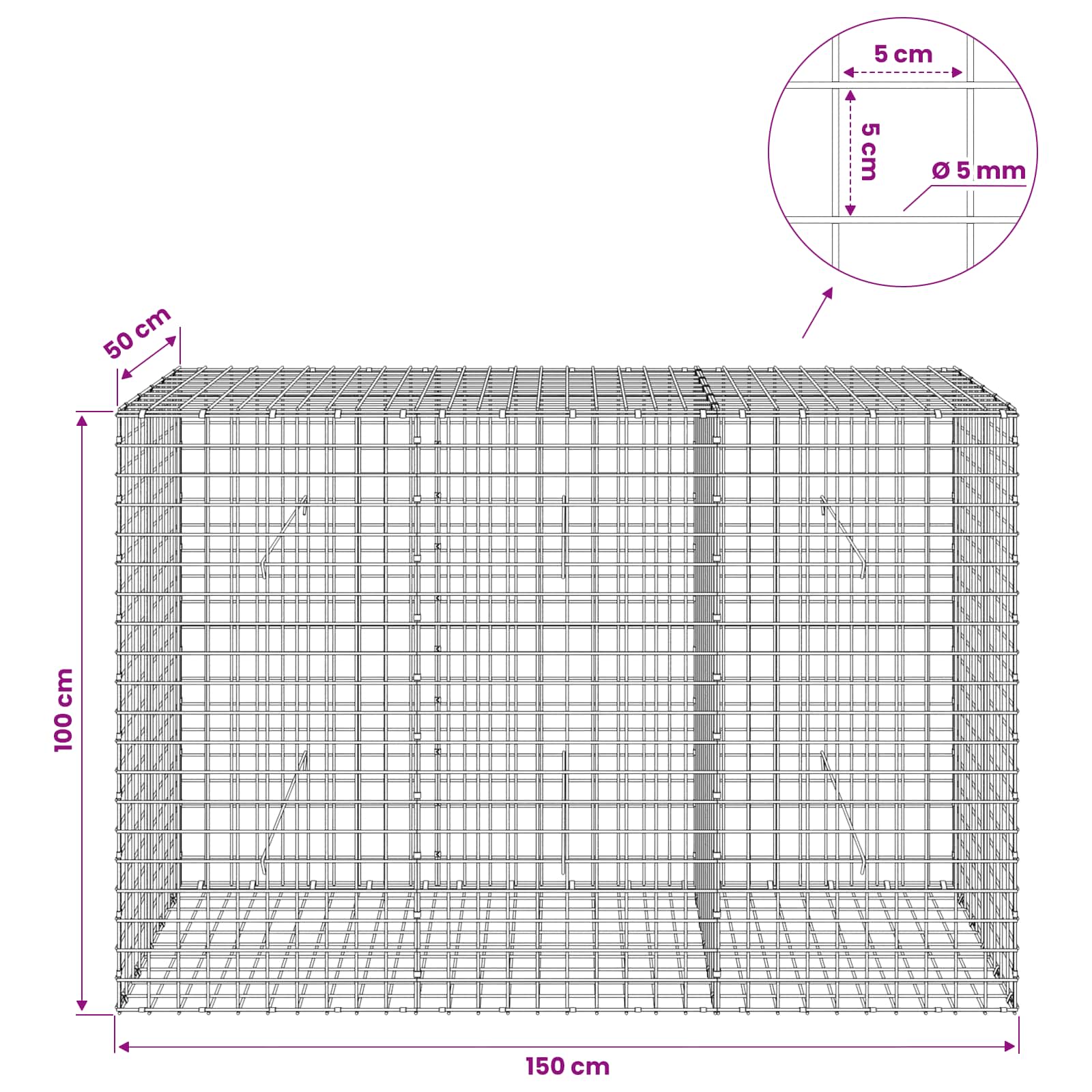 Gabion z žico 5 mm in mrežo 5x5 cm 150x50x100 cm