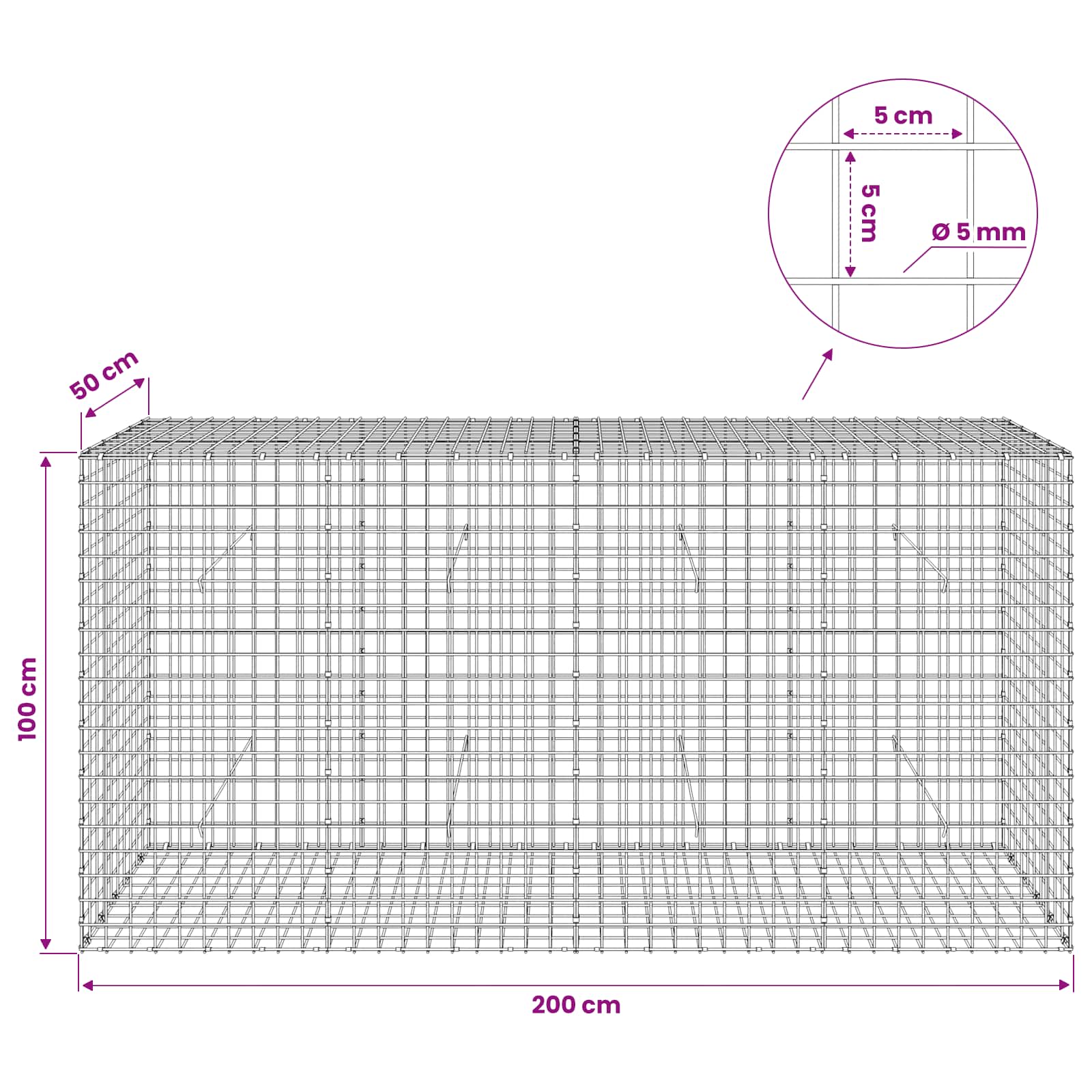 Gabion z žico 5 mm in mrežo 5x5 cm 200x50x100 cm