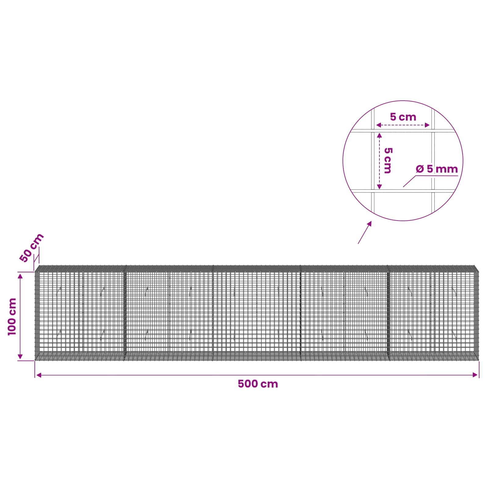 Gabion z žico 5 mm in mrežo 5x5 cm 500x50x100 cm