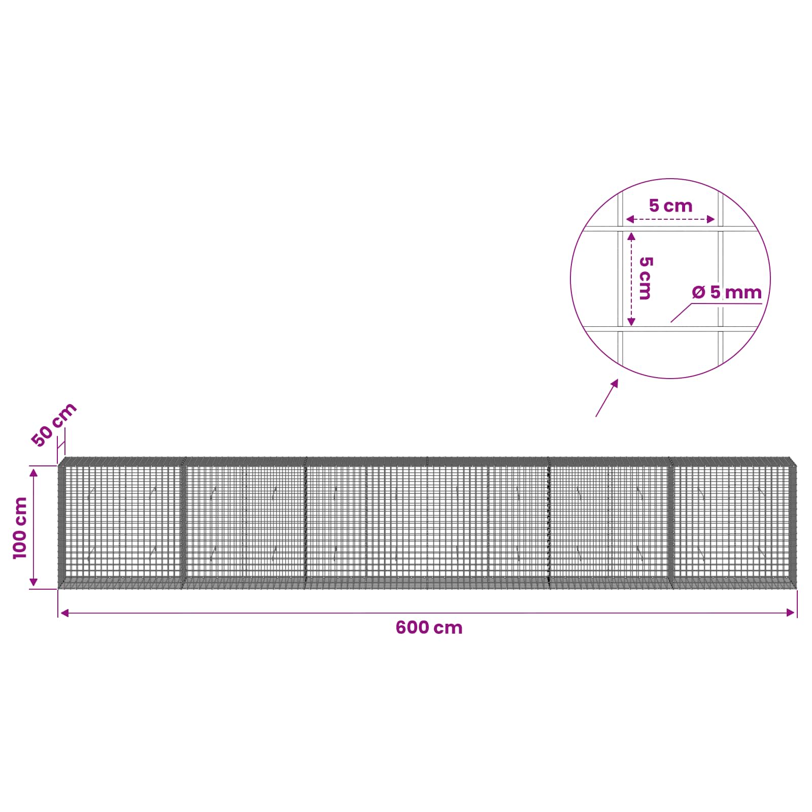 Gabion z žico 5 mm in mrežo 5x5 cm 600x50x100 cm