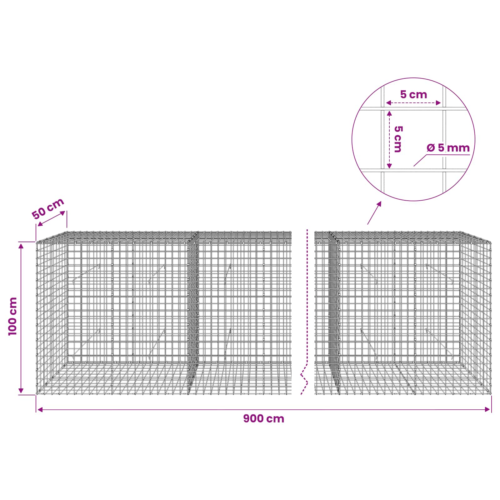 Gabion z žico 5 mm in mrežo 5x5 cm 900x50x100 cm