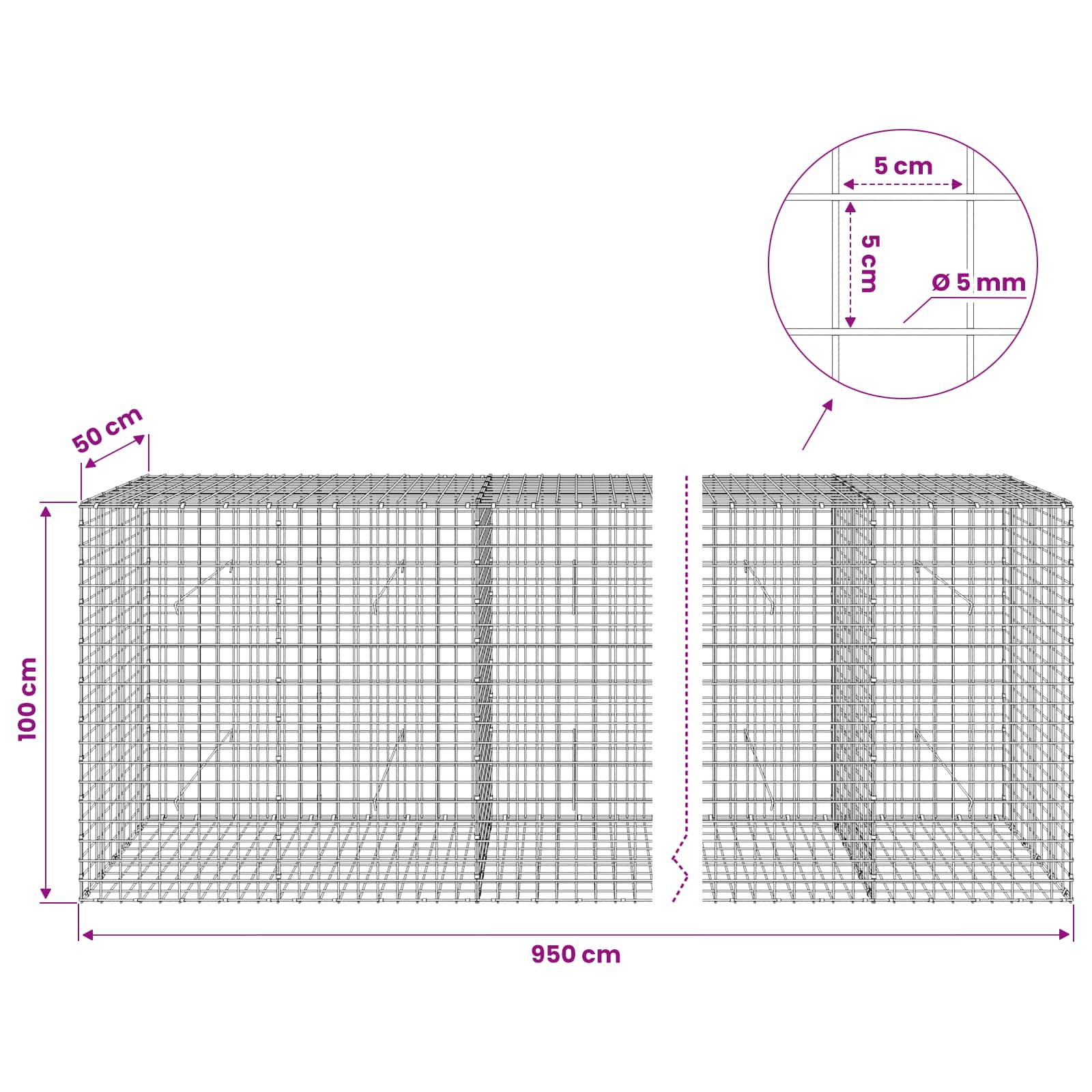 Gabion z žico 5 mm in mrežo 5x5 cm 950x50x100 cm