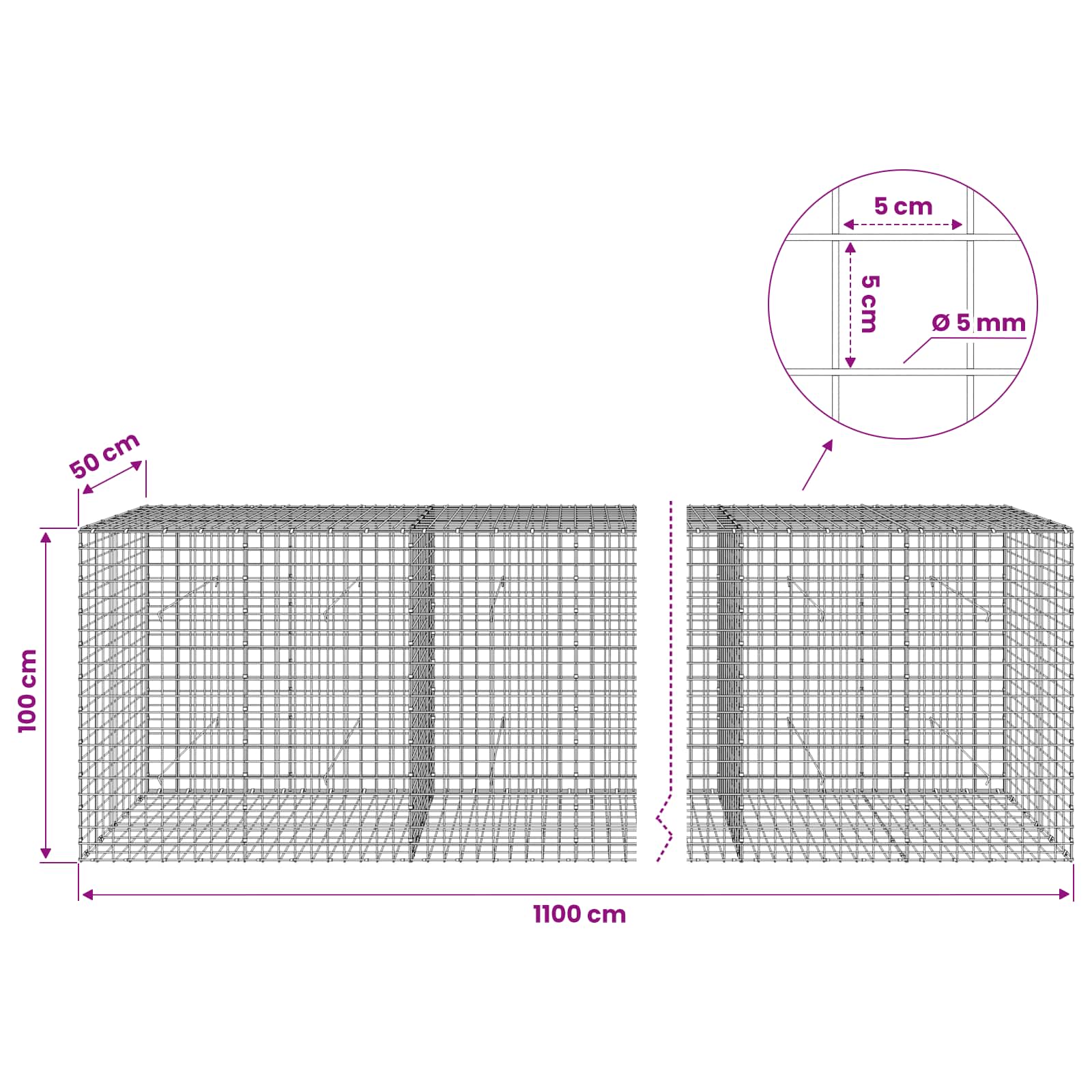 Gabion z žico 5 mm in mrežo 5x5 cm 1100x50x100 cm