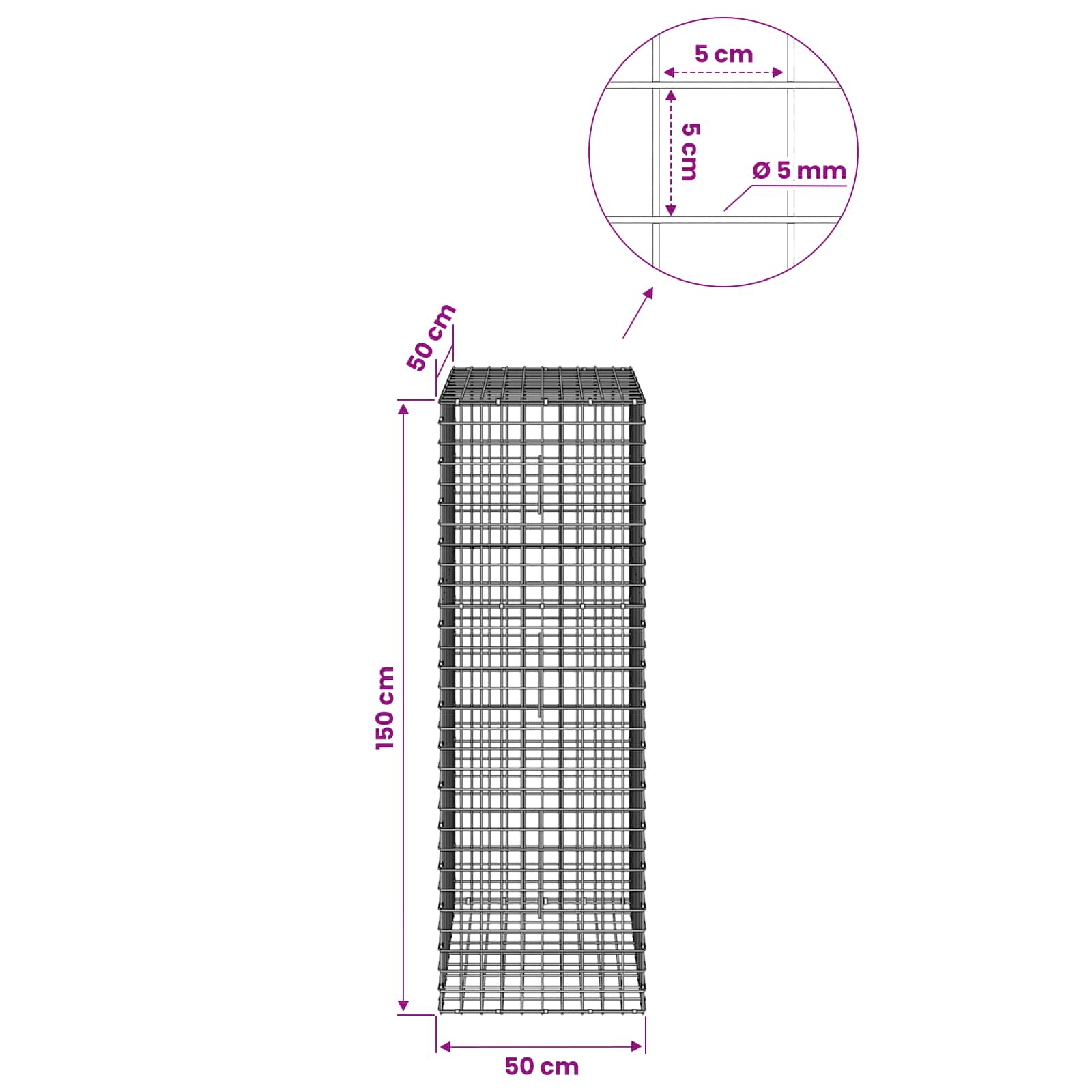 Gabion z žico 5 mm in mrežo 5x5 cm 50x50x150 cm Pocinkano jeklo