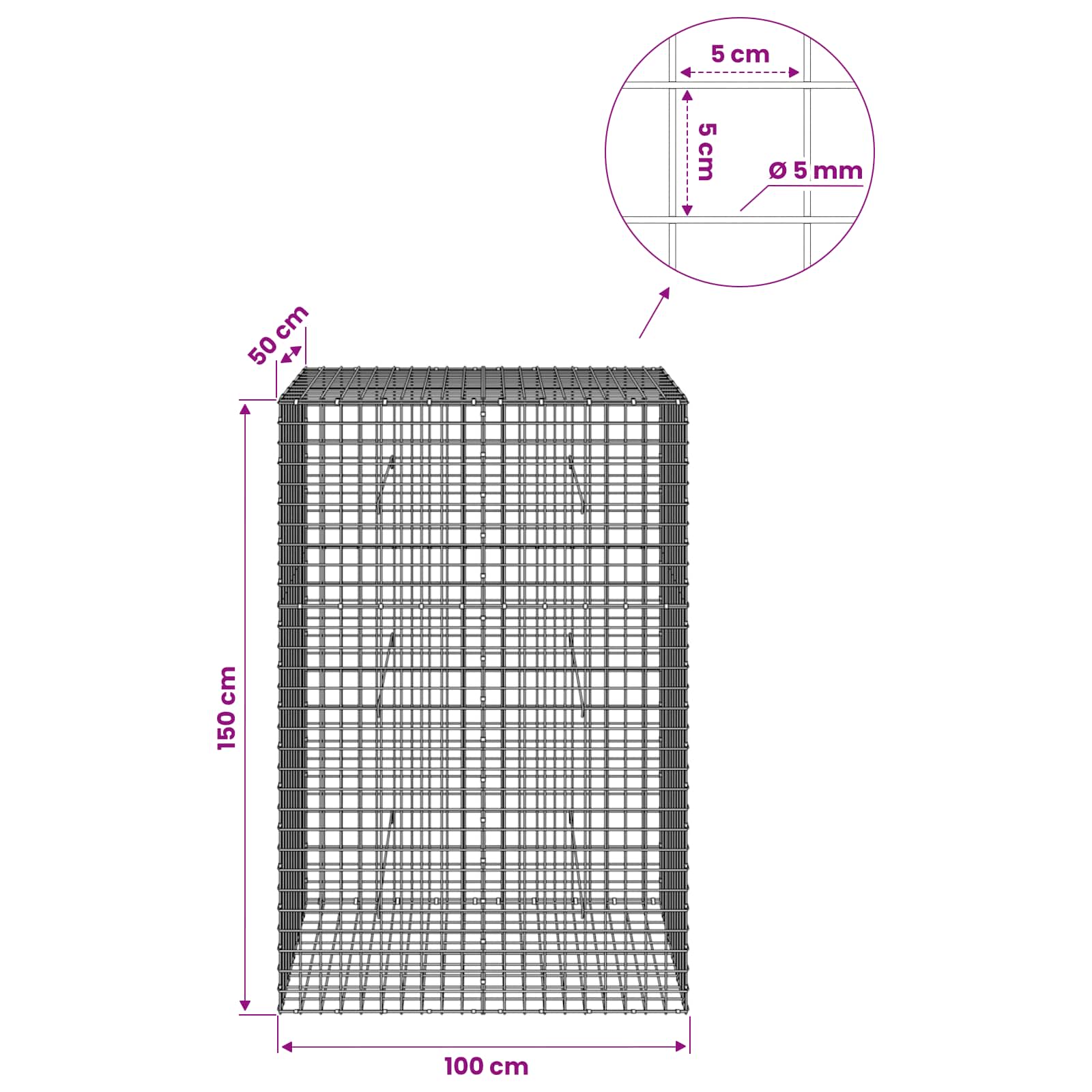 Gabion z žico 5 mm in mrežo 5x5 cm 100x50x150 cm