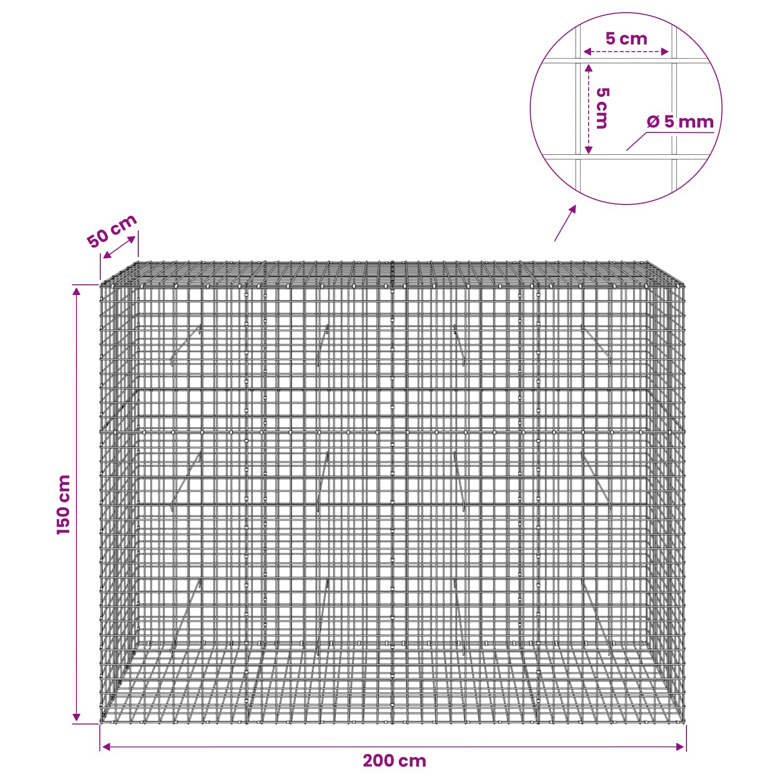 Gabion z žico 5 mm in mrežo 5x5 cm 200x50x150 cm