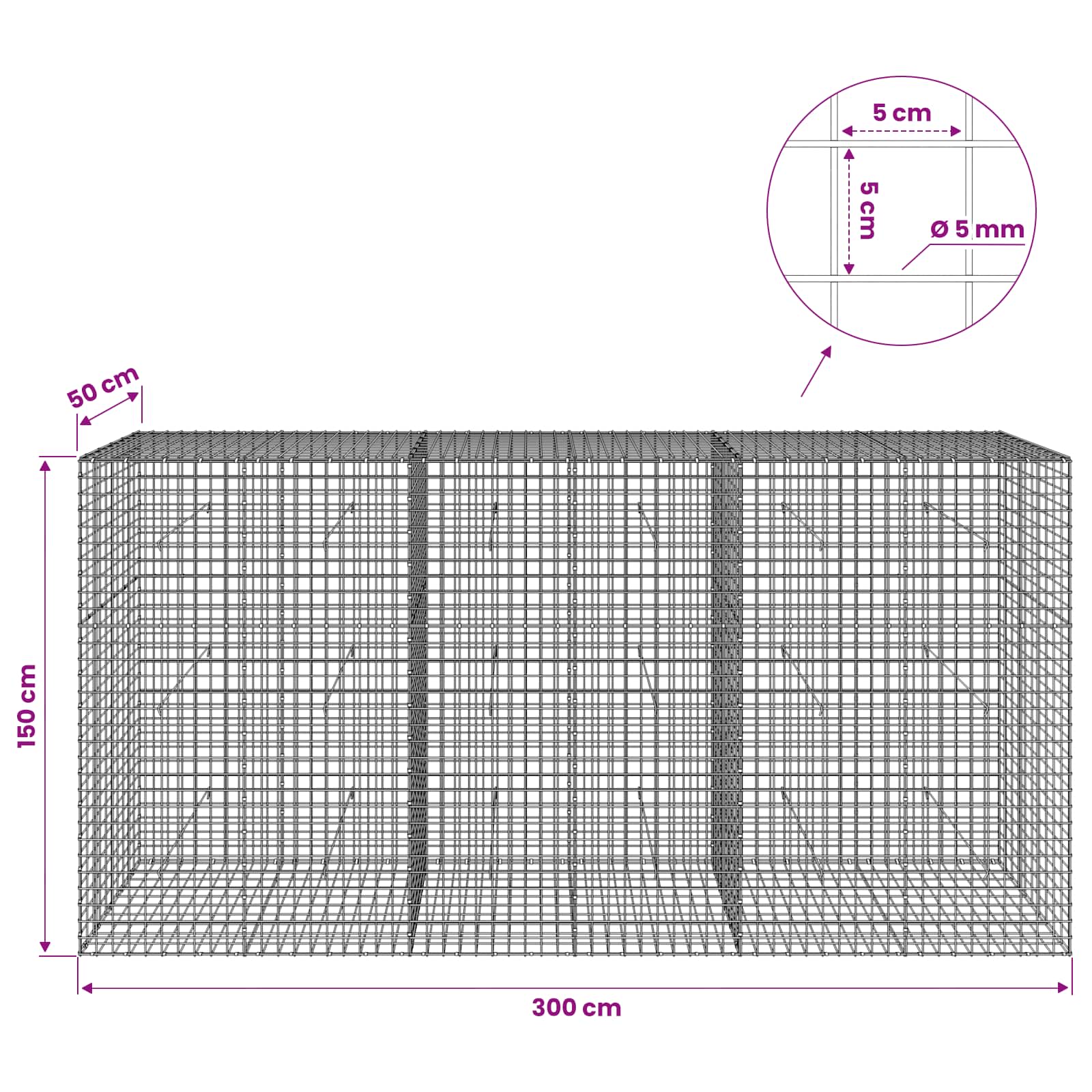 Gabion z žico 5 mm in mrežo 5x5 cm 300x50x150 cm