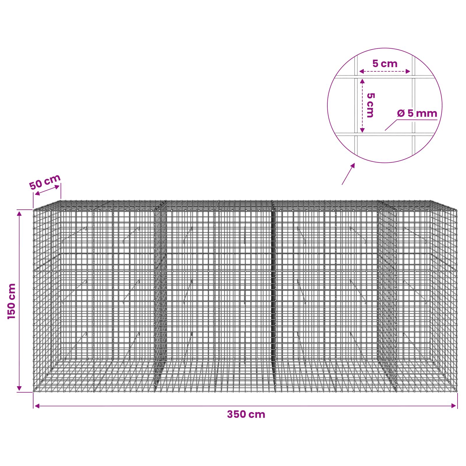 Gabion z žico 5 mm in mrežo 5x5 cm 350x50x150 cm