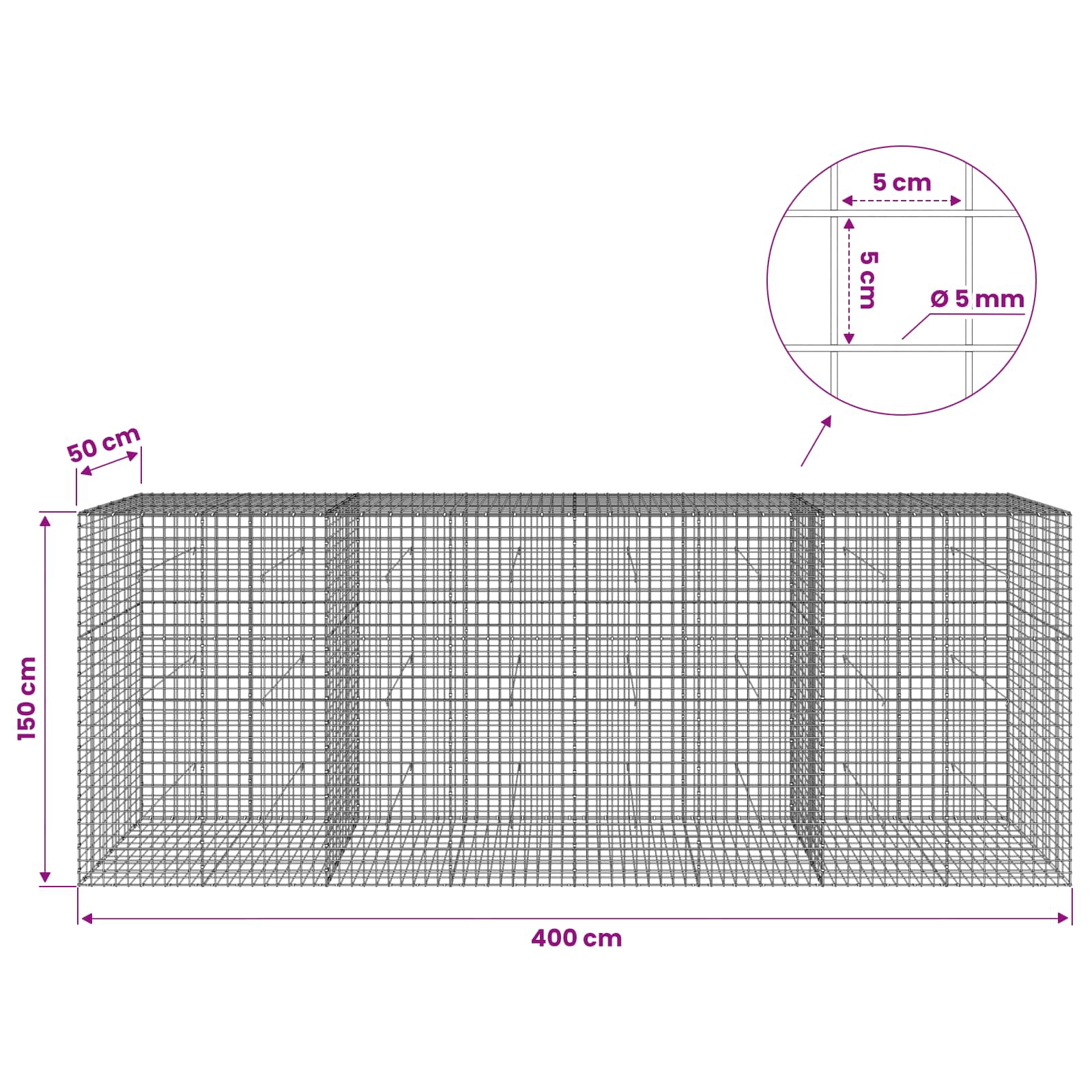 Gabion z žico 5 mm in mrežo 5x5 cm 400x50x150 cm