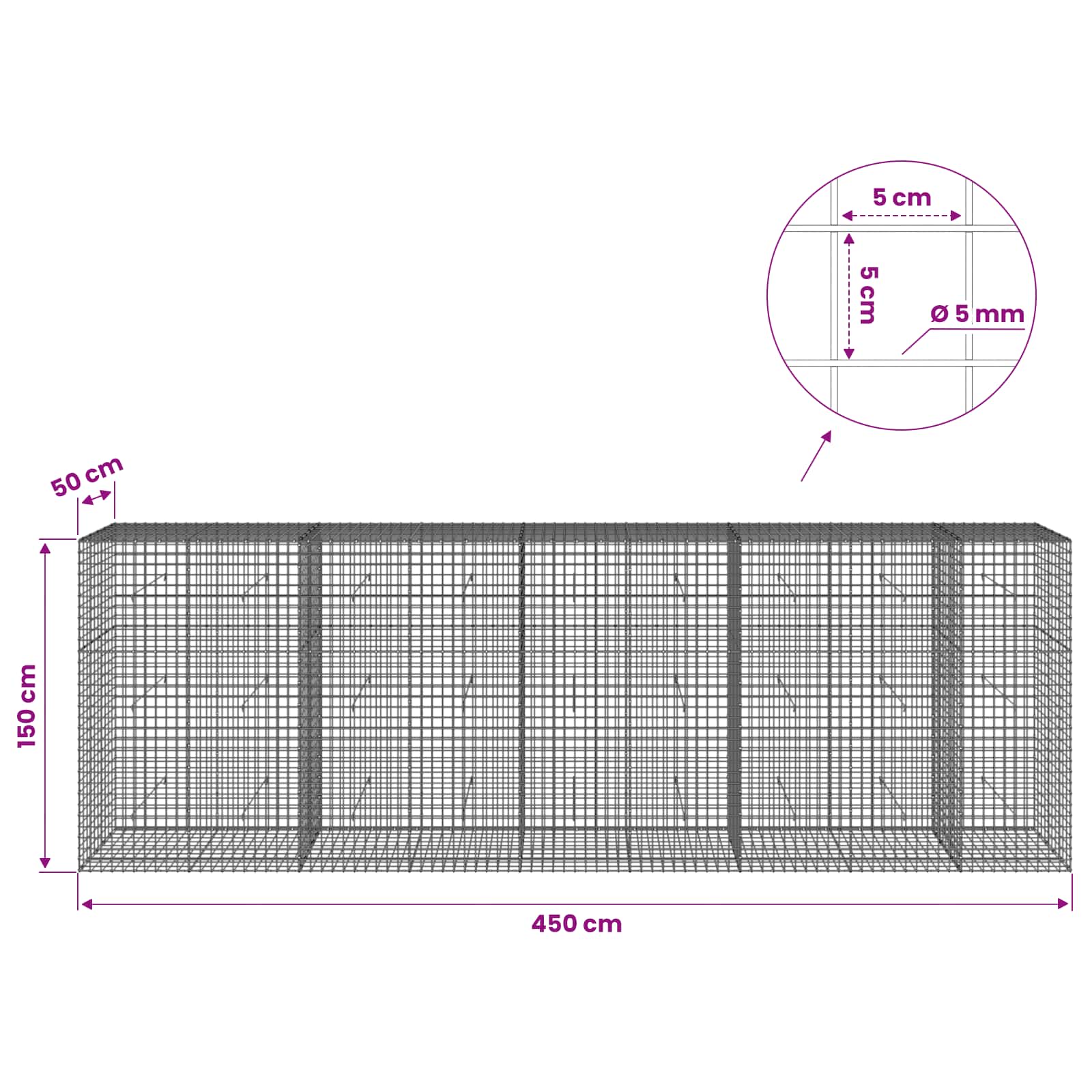 Gabion z žico 5 mm in mrežo 5x5 cm 450x50x150 cm