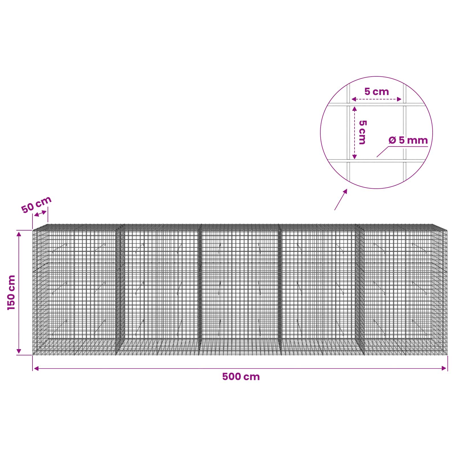 Gabion z žico 5 mm in mrežo 5x5 cm 500x50x150 cm