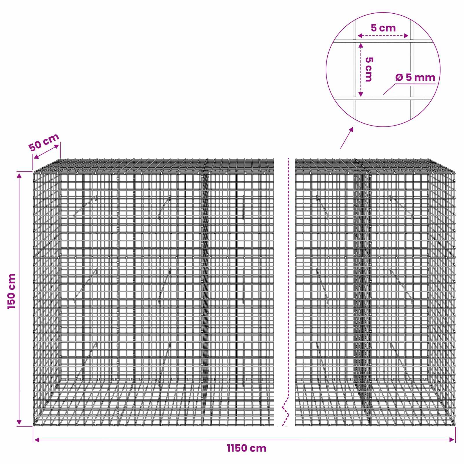 Gabion z žico 5 mm in mrežo 5x5 cm 1150x50x150 cm