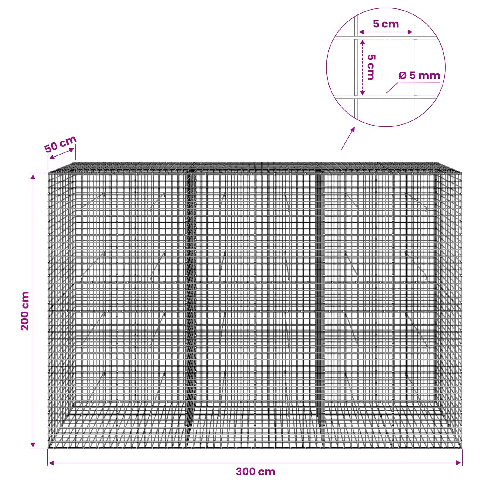 Gabion z žico 5 mm in mrežo 5x5 cm 300x50x200 cm