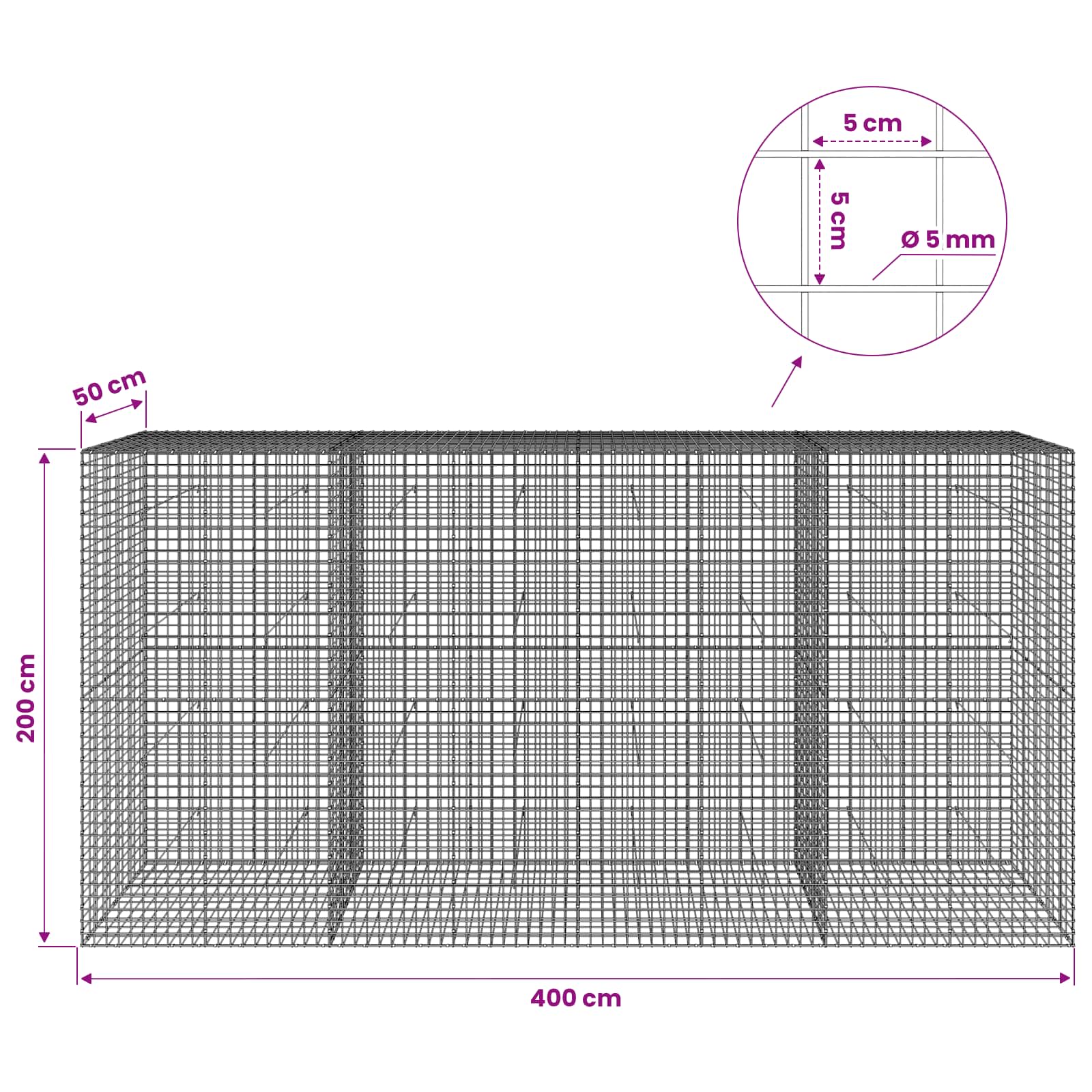 Gabion z žico 5 mm in mrežo 5x5 cm 400x50x200 cm