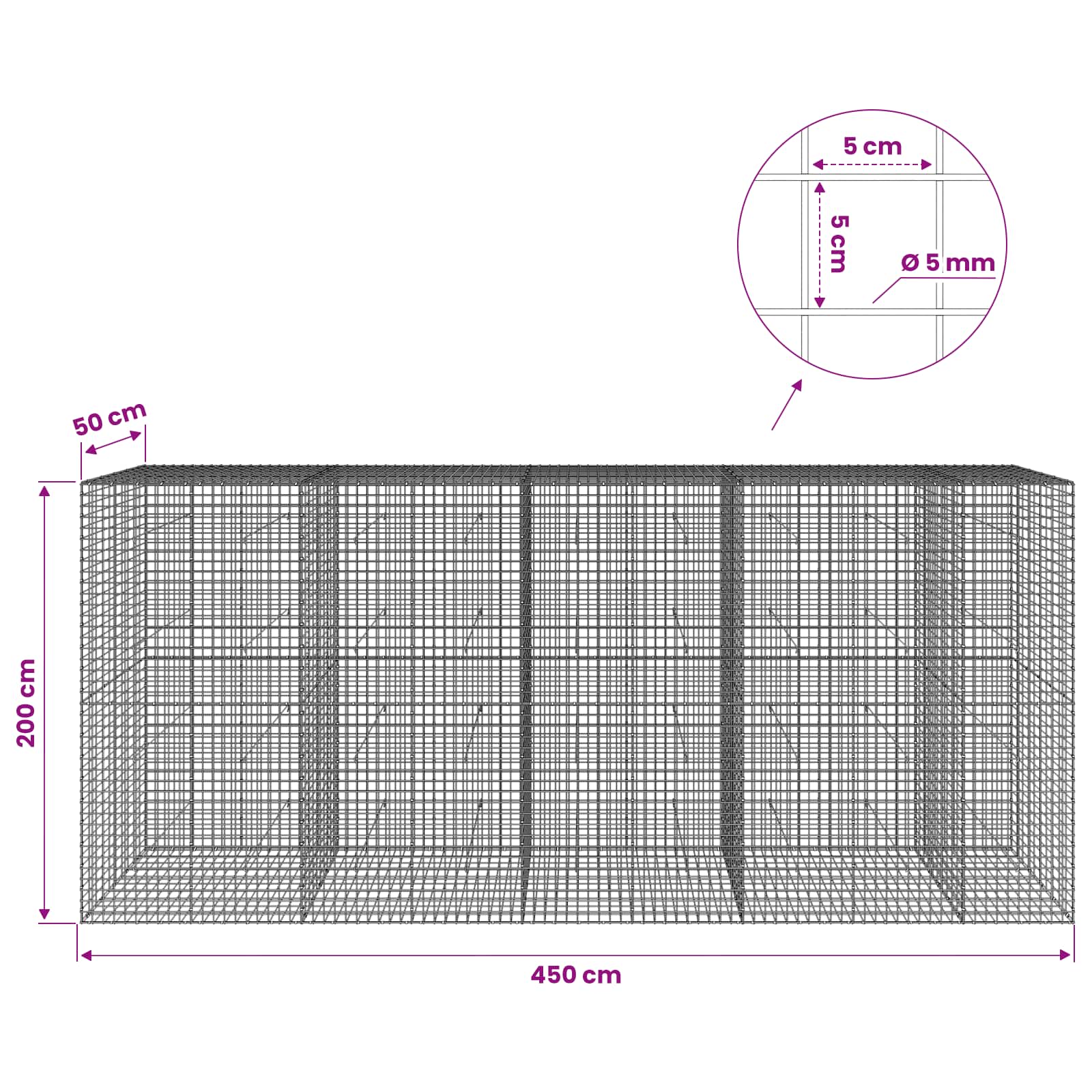Gabion z žico 5 mm in mrežo 5x5 cm 450x50x200 cm