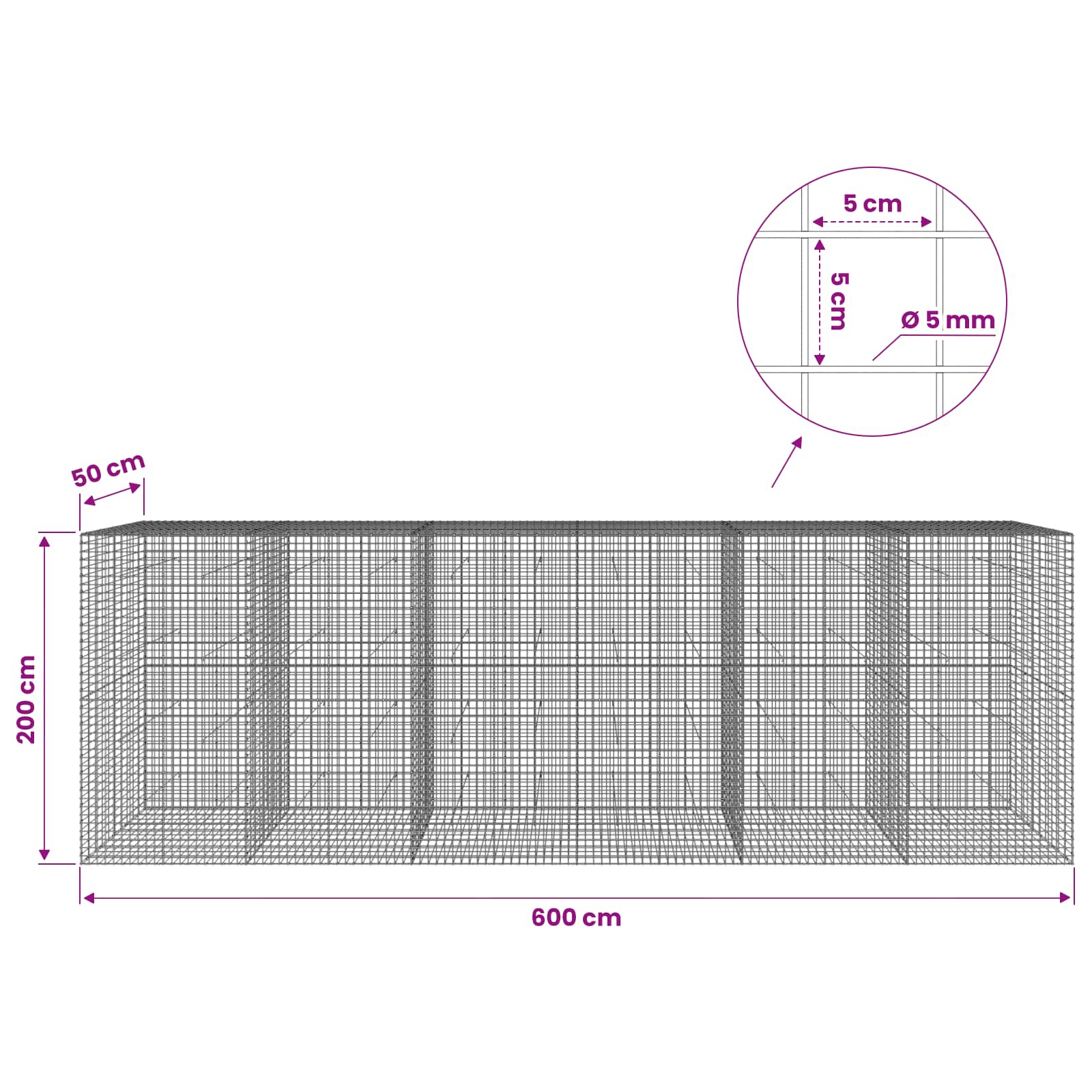 Gabion z žico 5 mm in mrežo 5x5 cm 600x50x200 cm