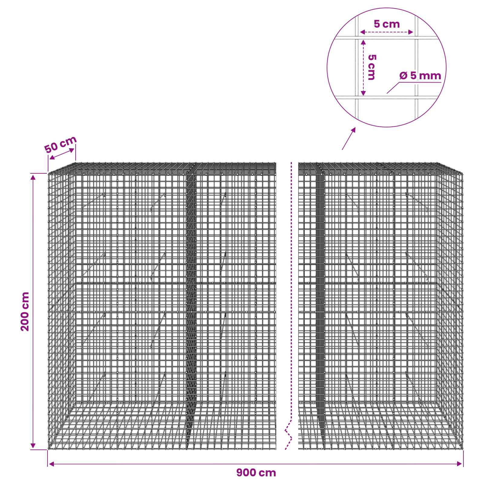 Gabion z žico 5 mm in mrežo 5x5 cm 900x50x200 cm