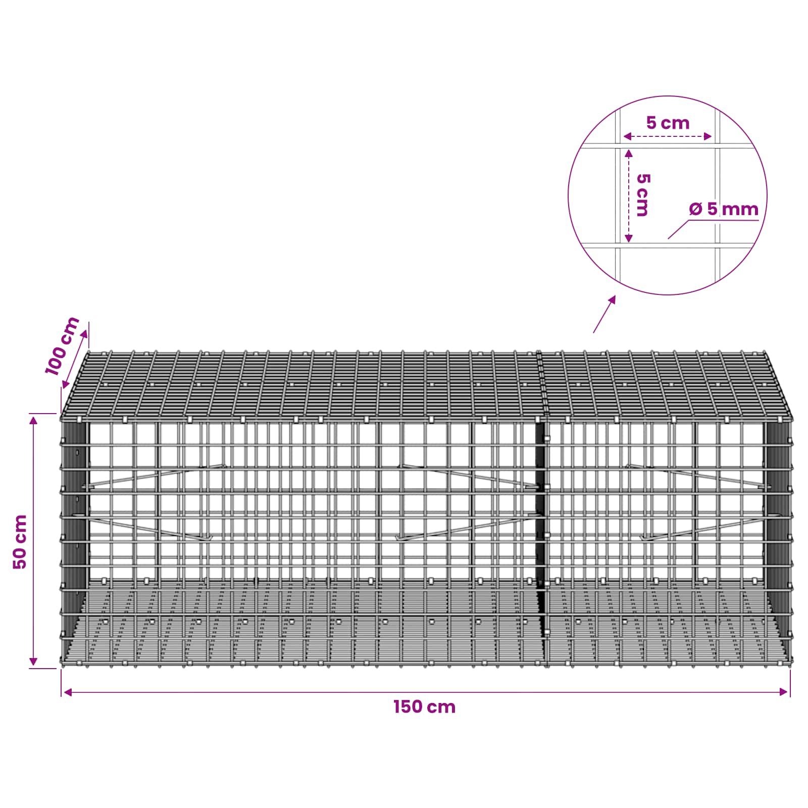 Gabion z žico 5 mm in mrežo 5x5 cm 150x100x50 cm