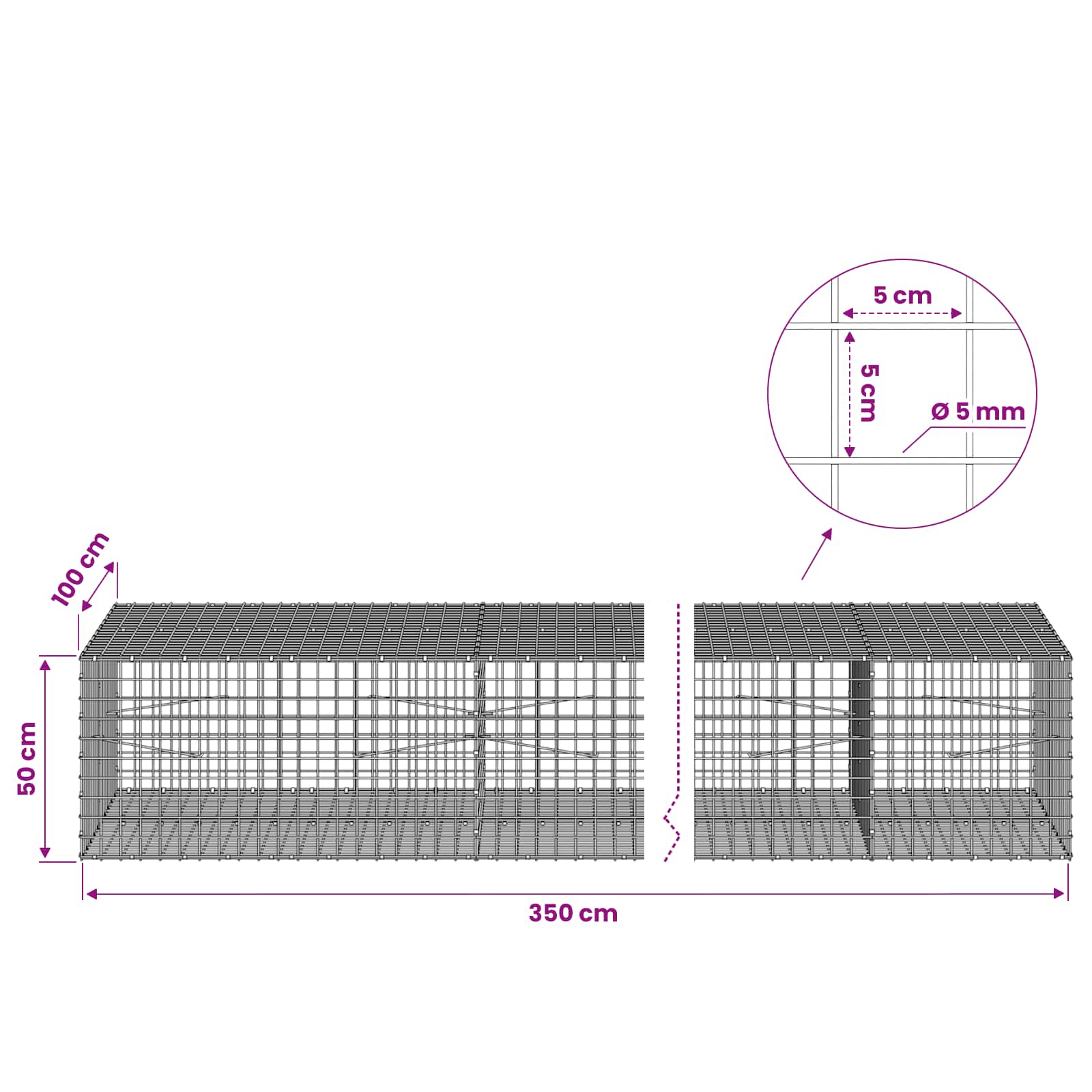 Gabion z žico 5 mm in mrežo 5x5 cm 350x100x50 cm