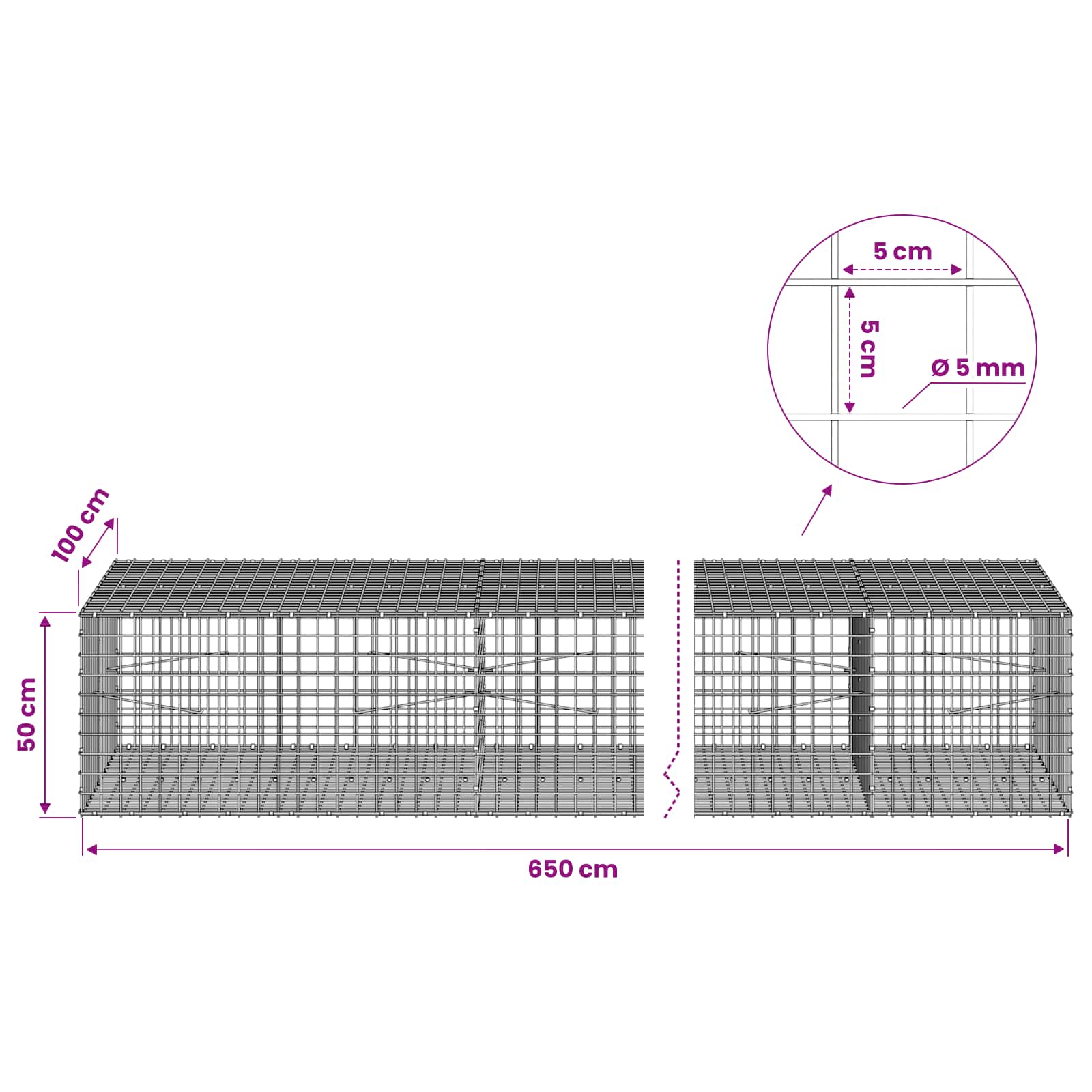 Gabion z žico 5 mm in mrežo 5x5 cm 650x100x50 cm