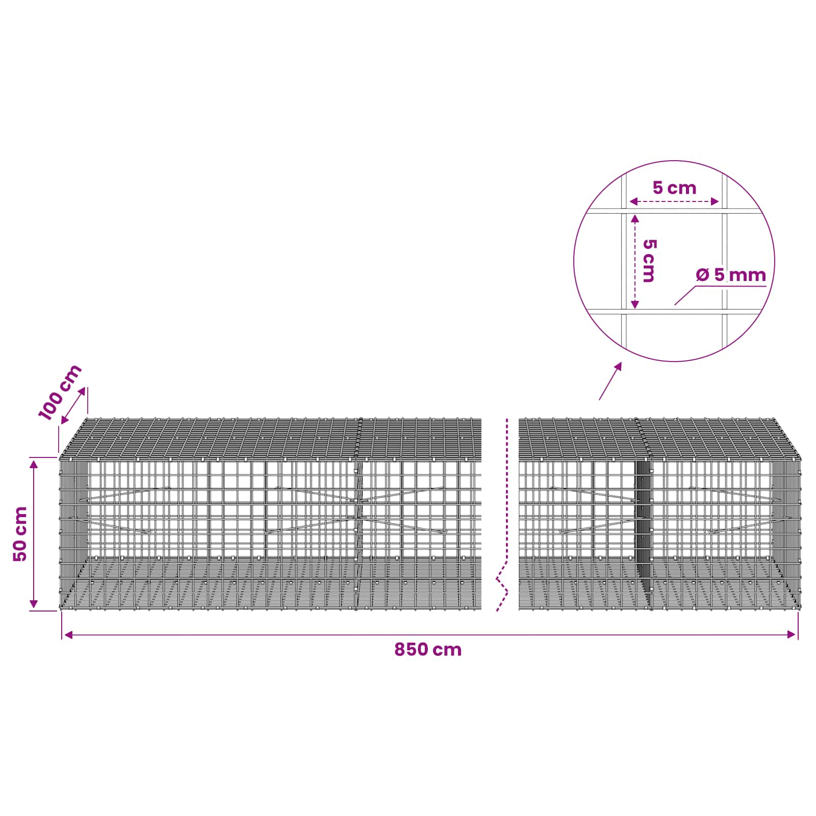 Gabion z žico 5 mm in mrežo 5x5 cm 850x100x50 cm