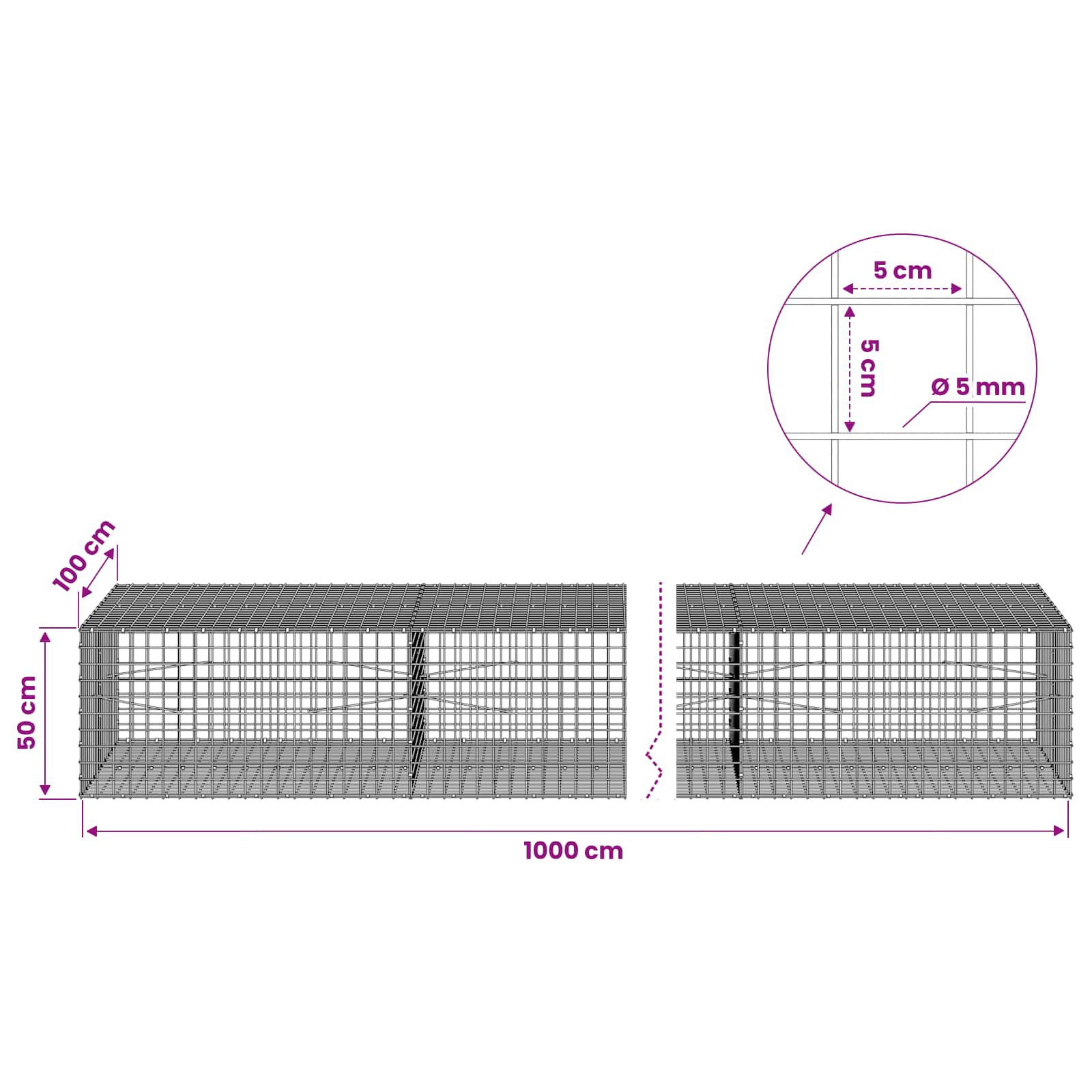 Gabion z žico 5 mm in mrežo 5x5 cm 1000x100x50 cm
