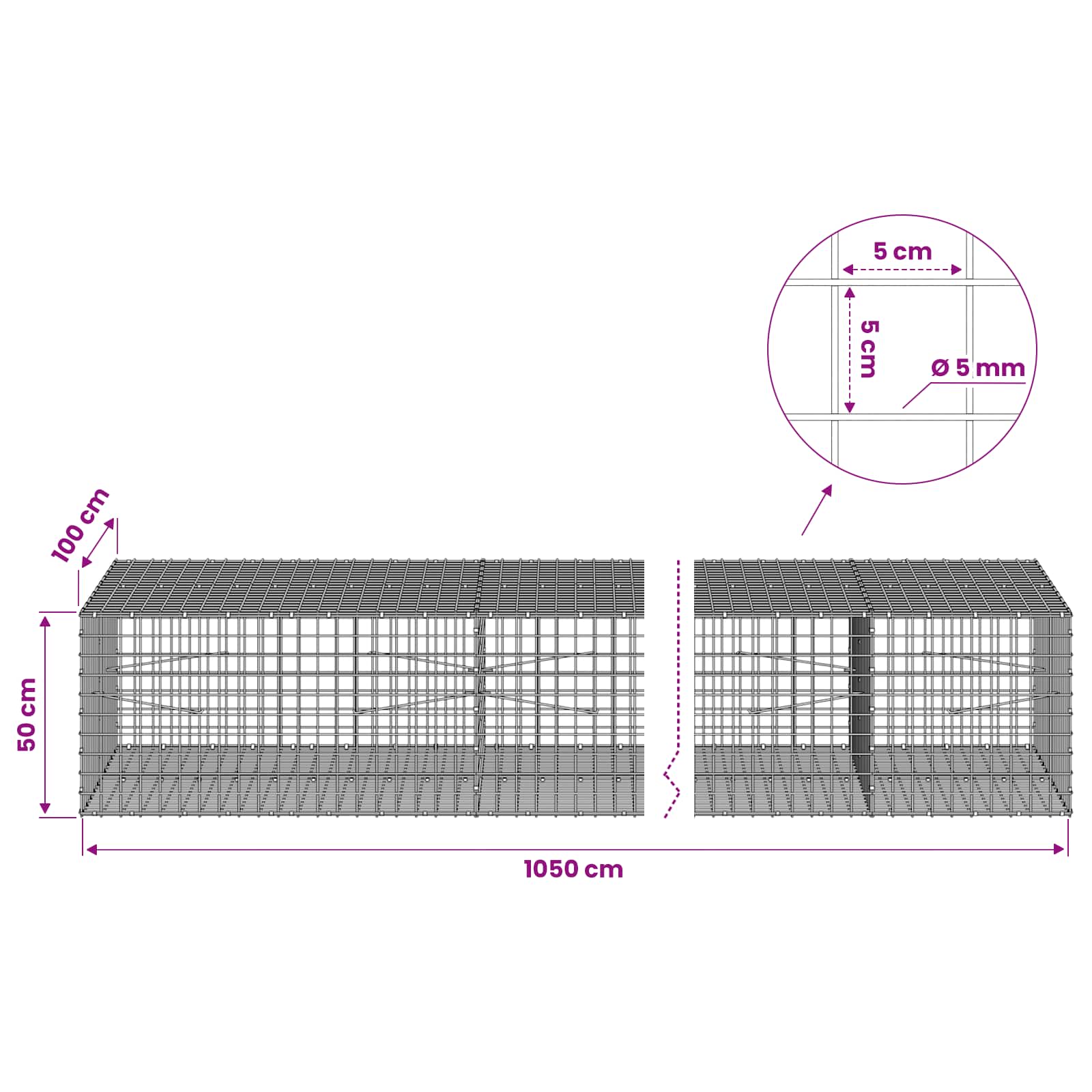Gabion z žico 5 mm in mrežo 5x5 cm 1050x100x50 cm