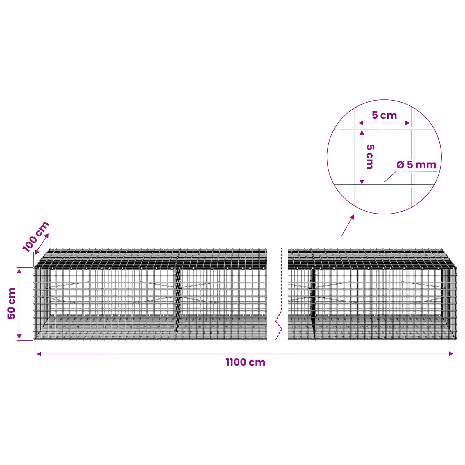 Gabion z žico 5 mm in mrežo 5x5 cm 1100x100x50 cm