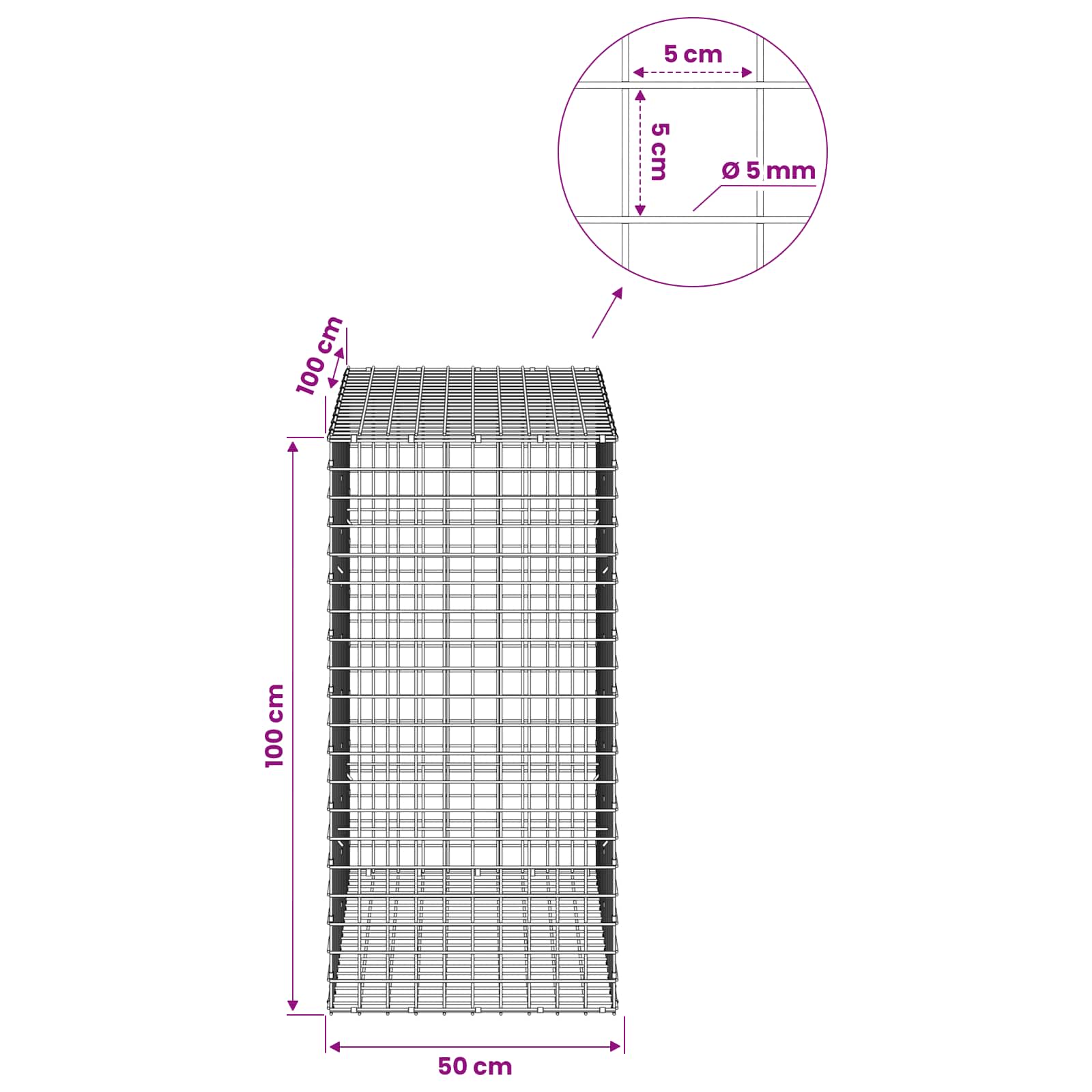 Gabion z žico 5 mm in mrežo 5x5 cm 50x100x100 cm