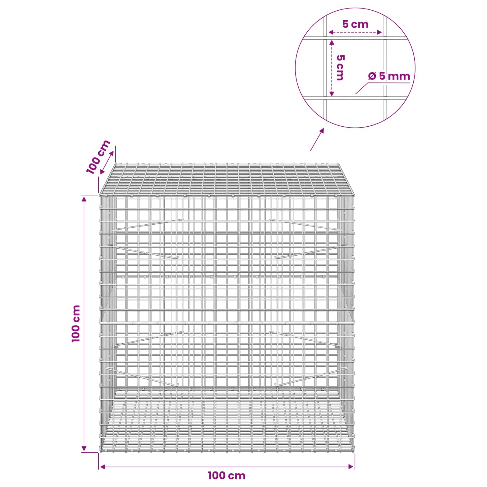 Gabion z žico 5 mm in mrežo 5x5 cm 100x100x100 cm