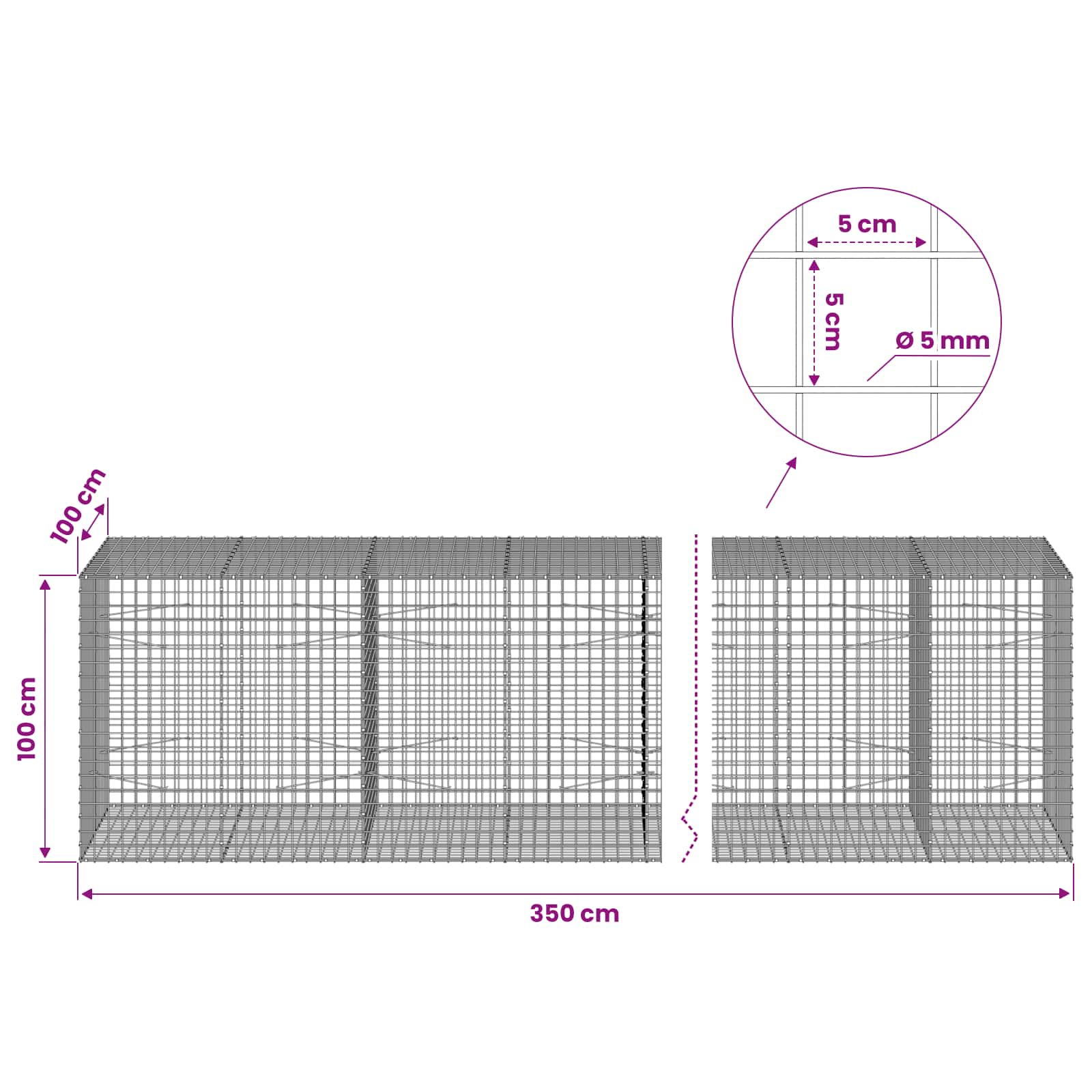 Gabion z žico 5 mm in mrežo 5x5 cm 350x100x100 cm