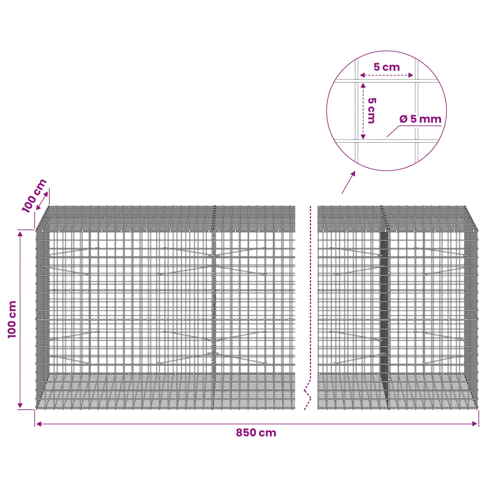 Gabion z žico 5 mm in mrežo 5x5 cm 850x100x100 cm