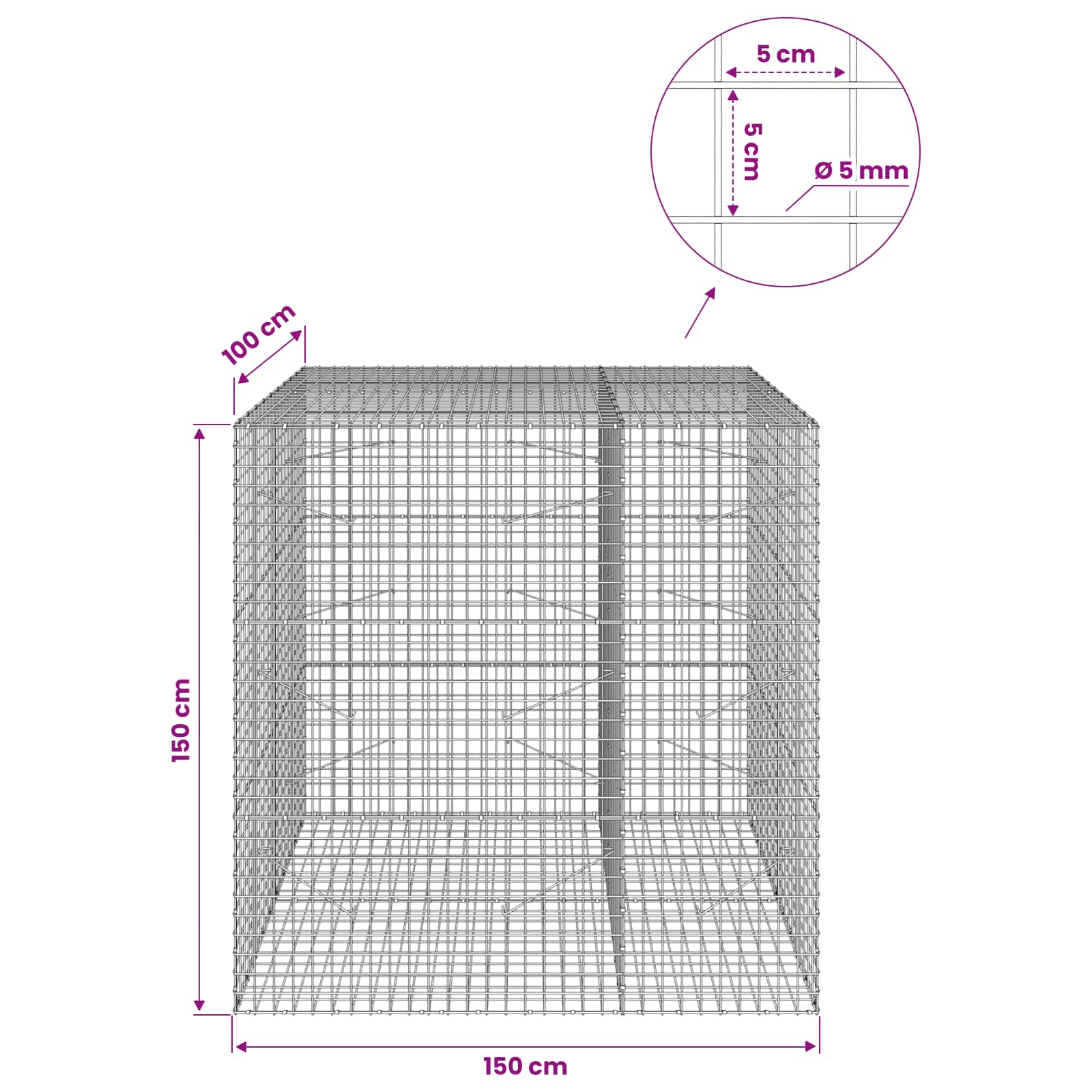 Gabion z žico 5 mm in mrežo 5x5 cm 150x100x150 cm