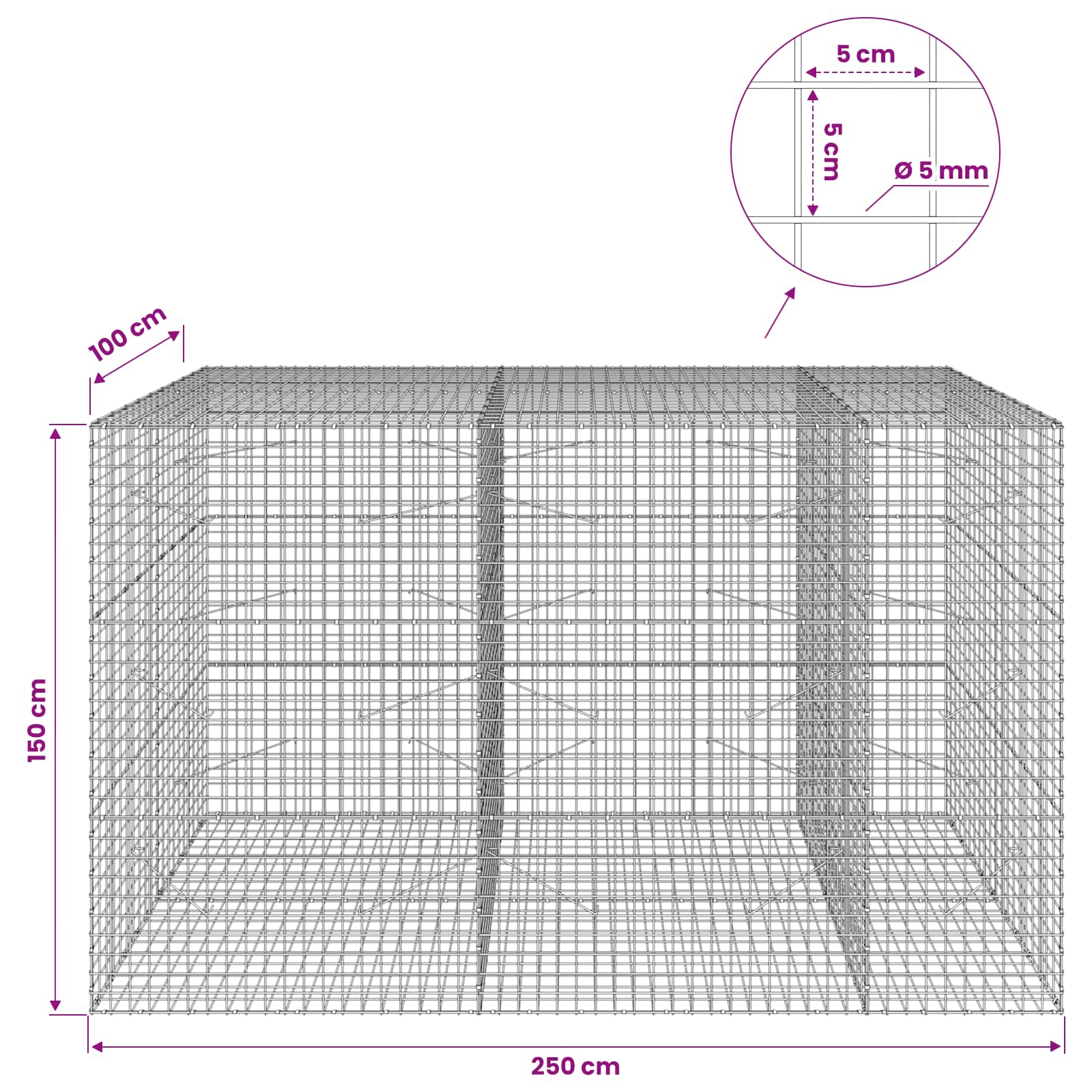 Gabion z žico 5 mm in mrežo 5x5 cm 250x100x150 cm