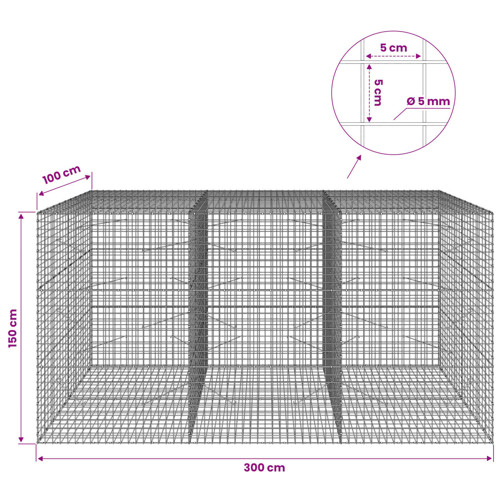 Gabion z žico 5 mm in mrežo 5x5 cm 300x100x150 cm