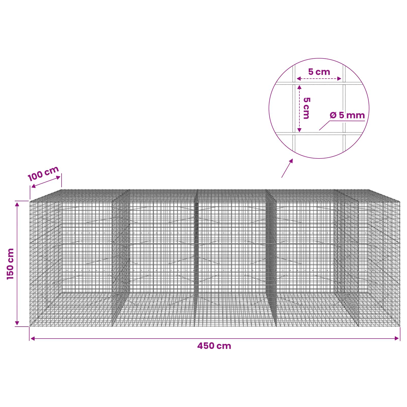 Gabion z žico 5 mm in mrežo 5x5 cm 450x100x150 cm
