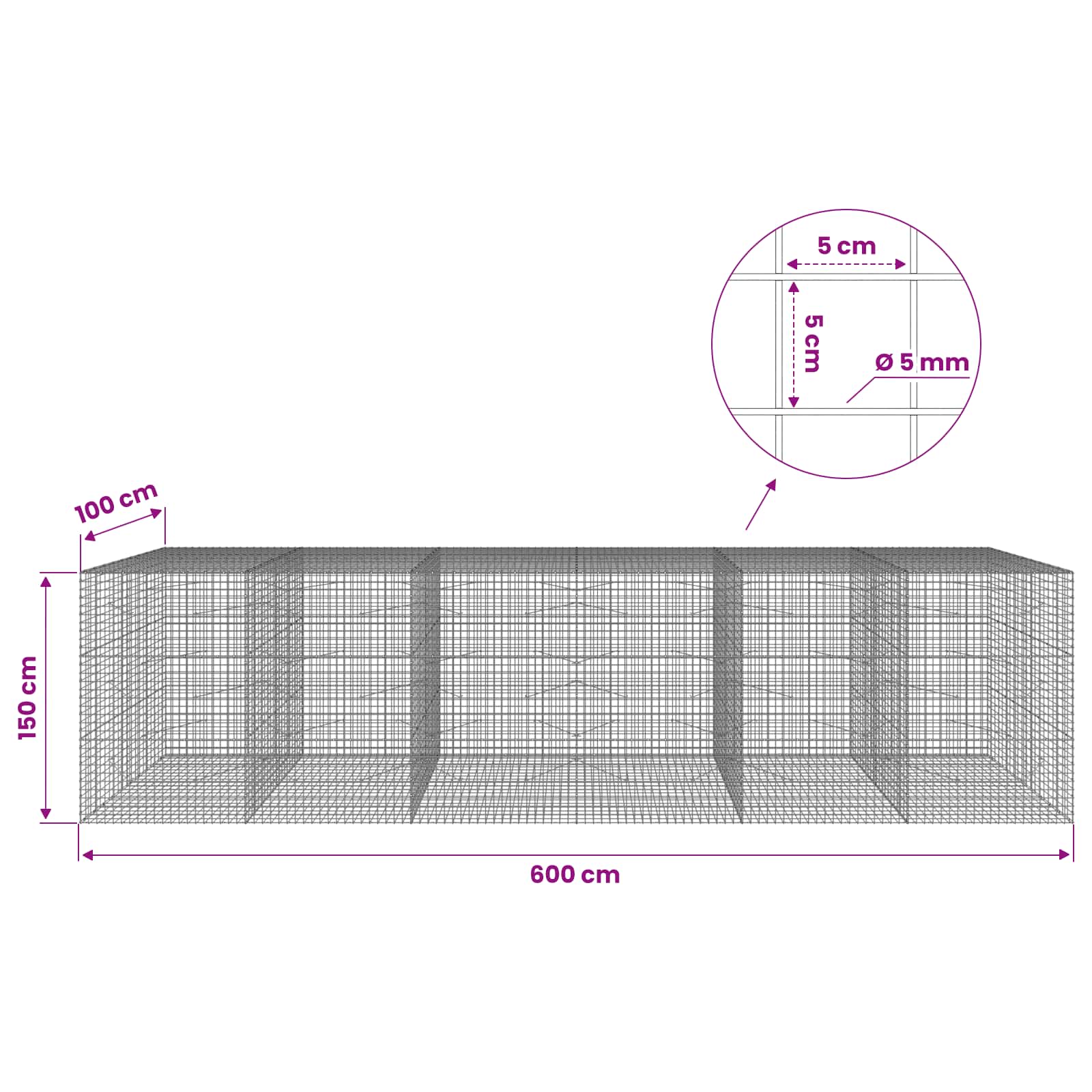 Gabion z žico 5 mm in mrežo 5x5 cm 600x100x150 cm