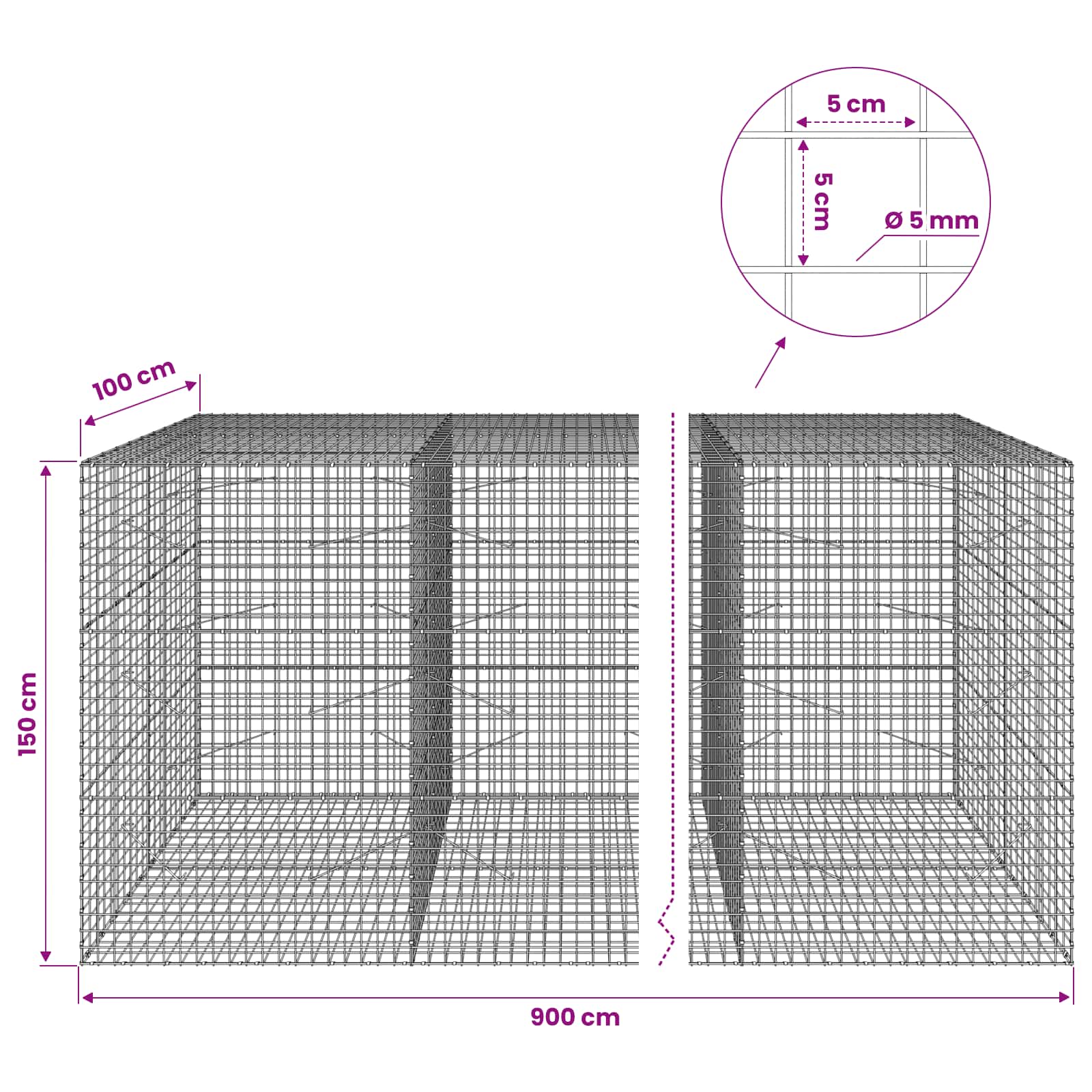 Gabion z žico 5 mm in mrežo 5x5 cm 900x100x150 cm