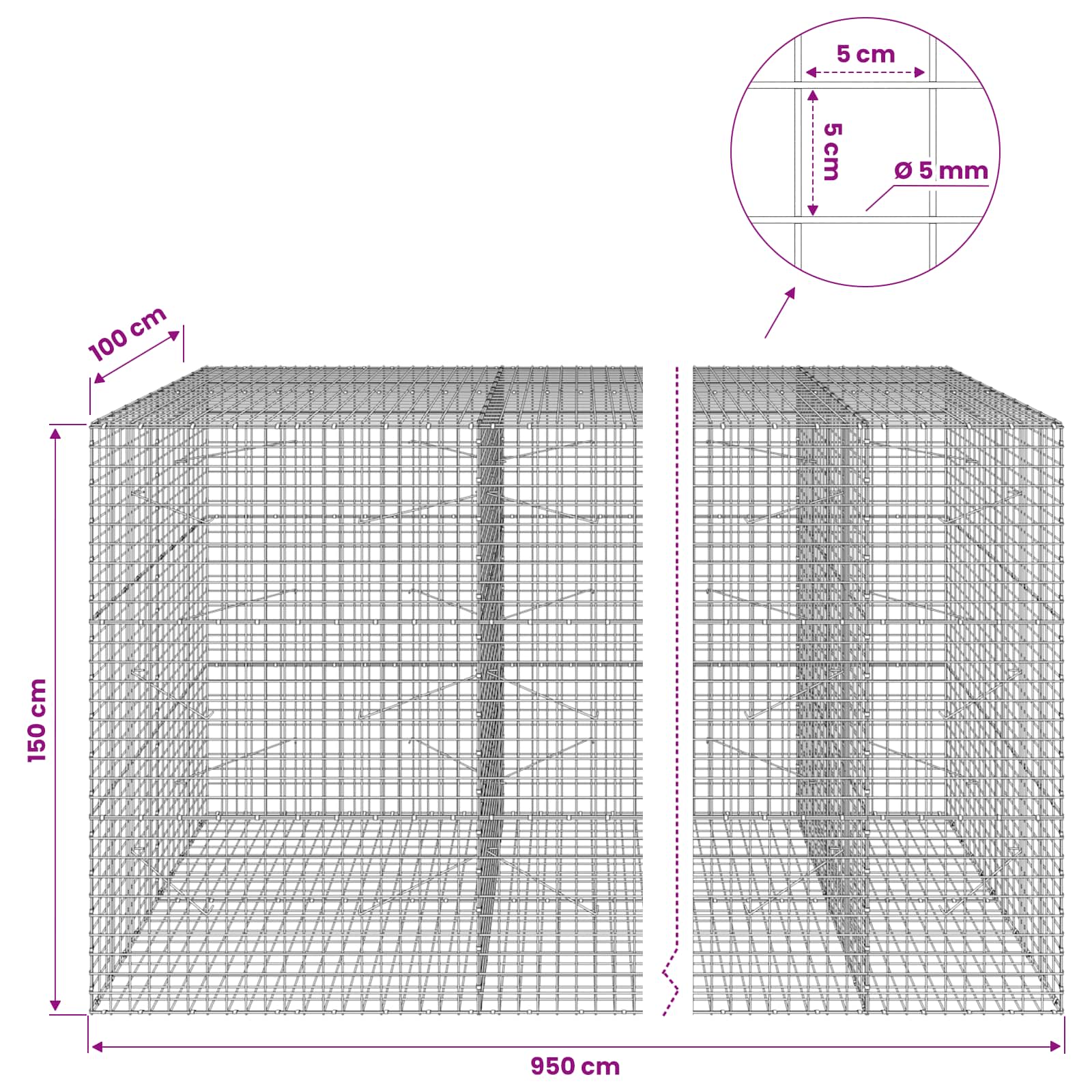 Gabion z žico 5 mm in mrežo 5x5 cm 950x100x150 cm