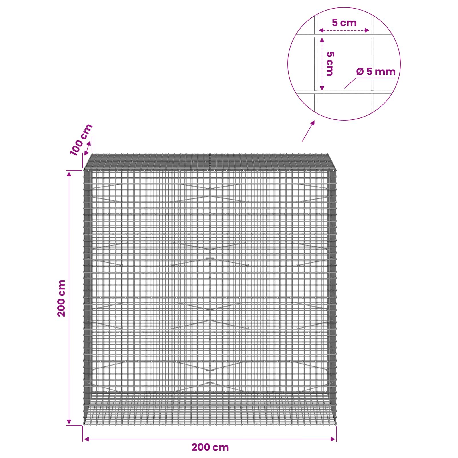 Gabion z žico 5 mm in mrežo 5x5 cm 200x100x200 cm