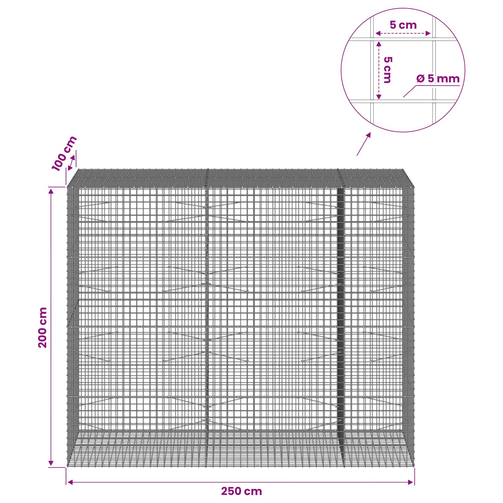 Gabion z žico 5 mm in mrežo 5x5 cm 250x100x200 cm