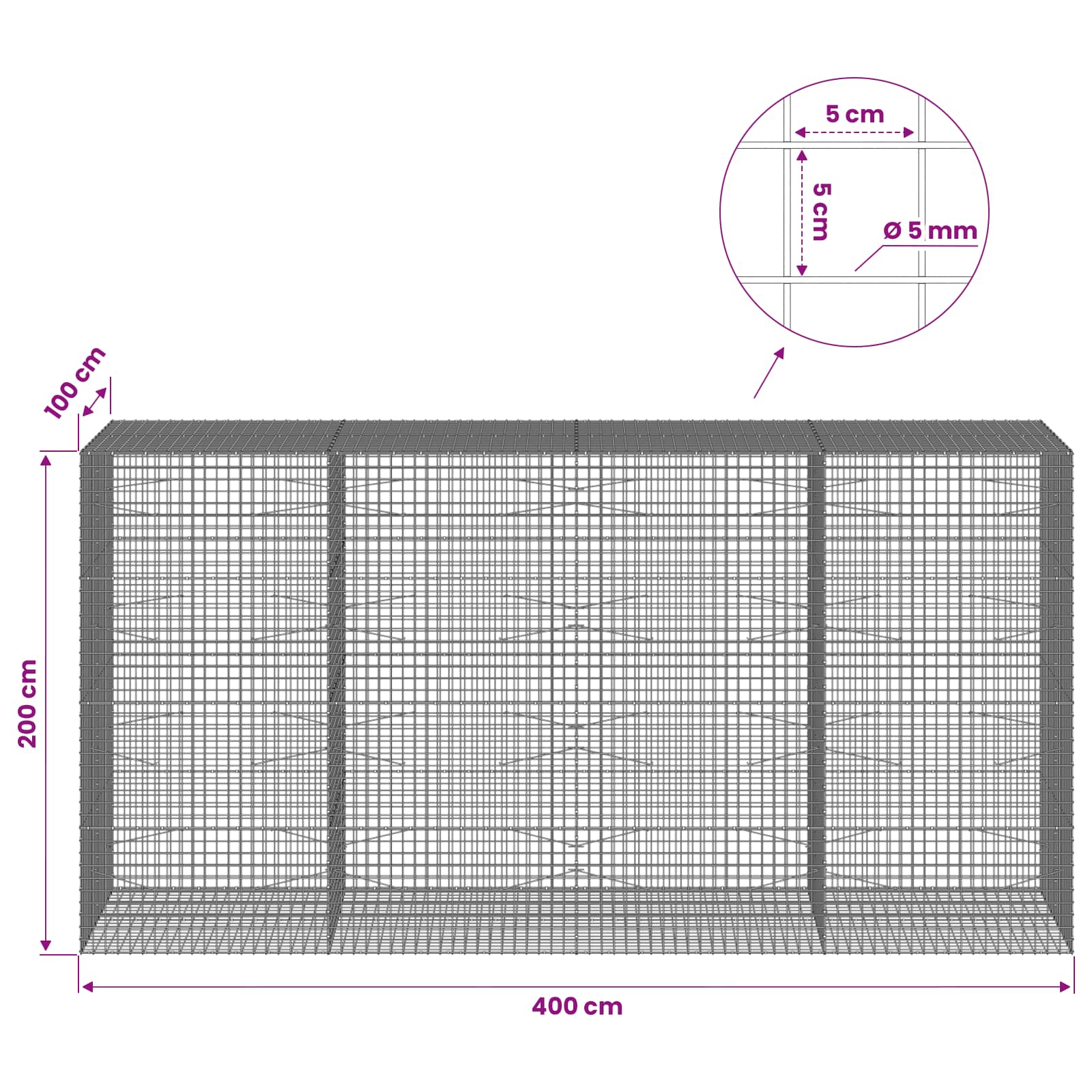 Gabion z žico 5 mm in mrežo 5x5 cm 400x100x200 cm